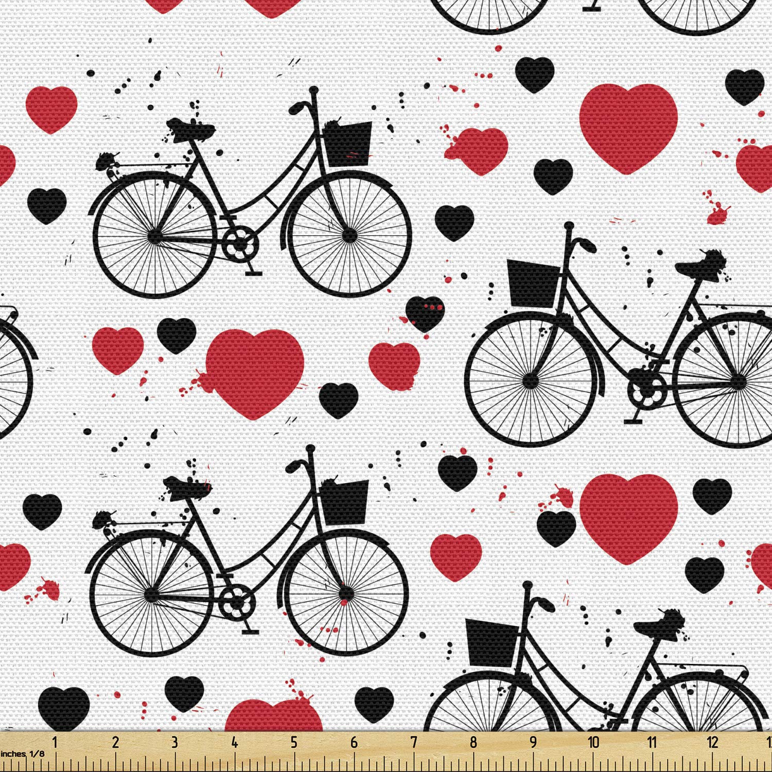 Lunarable Romantic Fabric by The Yard, Grunge Heart Background with Bicycle Silhouettes Valentine's Day Love Image, Decorative Fabric for Upholstery and Home Accents, 3 Yards, Eggshell Black
