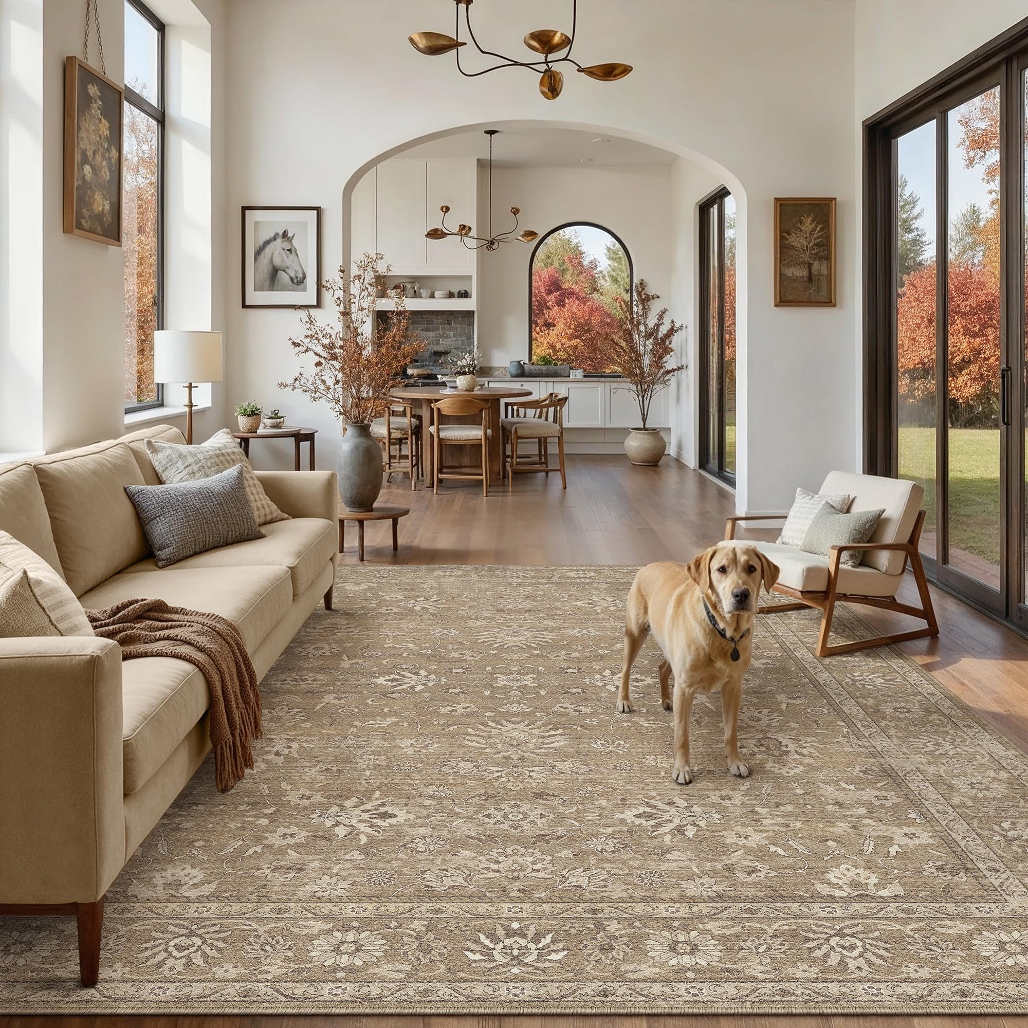 8x10 Area Rug Brown Washable Vintage Carpet Living Room Bedroom Large Non Slip Stain Soft Resistant Low Pile