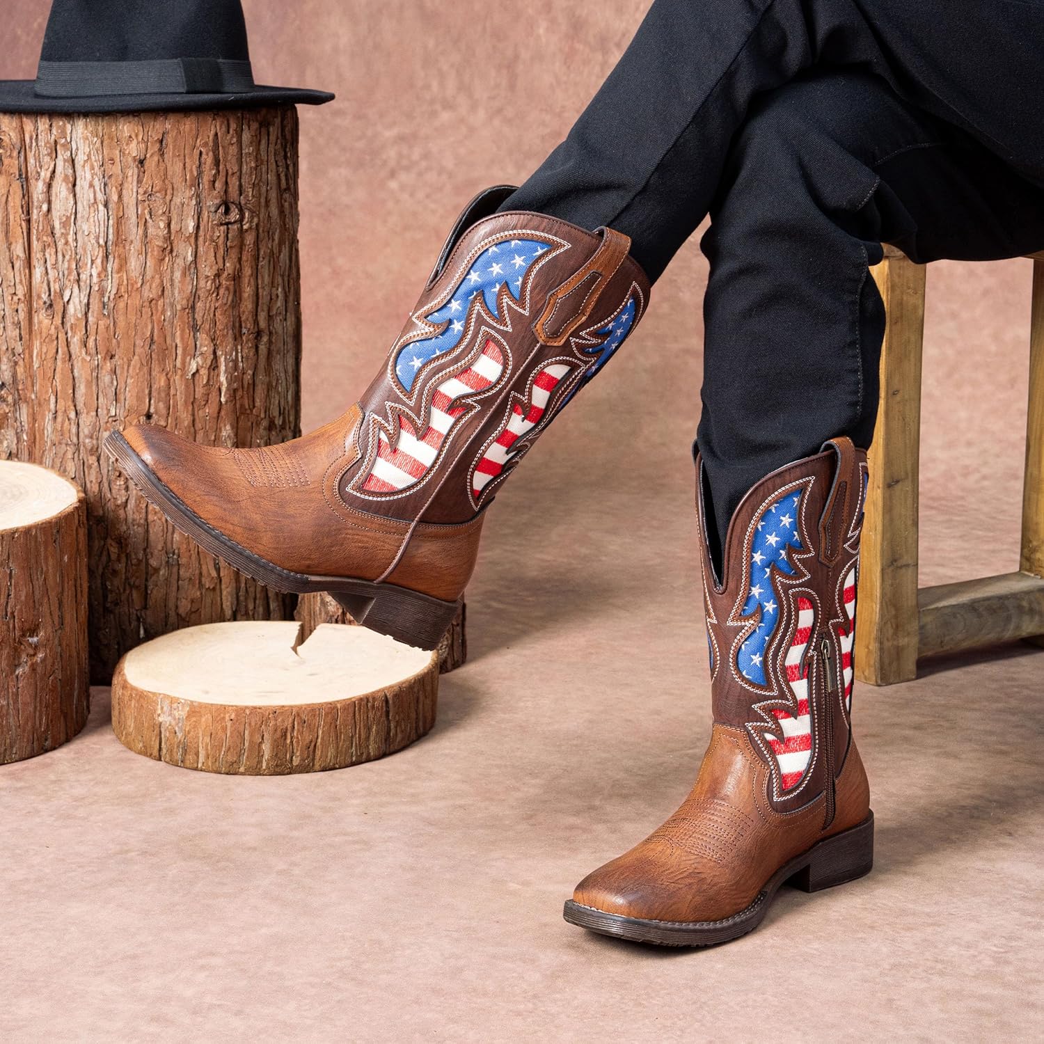 Jousen Cowboy Boots for Men Western Boot Side Zipper American Flag Retro Square Toe Mid-Calf Mens Boots