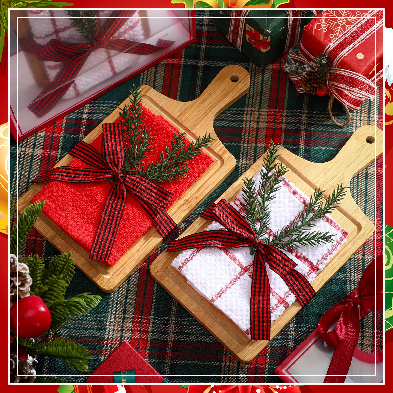 Suclain Käsebrett-Geschenk-Set für Damen, Weihnachtsgeschenk, Bambus-Käsebrett mit Geschenktüten, Waffelmuster, kariertes Band, Weihnachtsgeschenke für Festival, Brautparty, 4-teiliges Set, 21-teilig