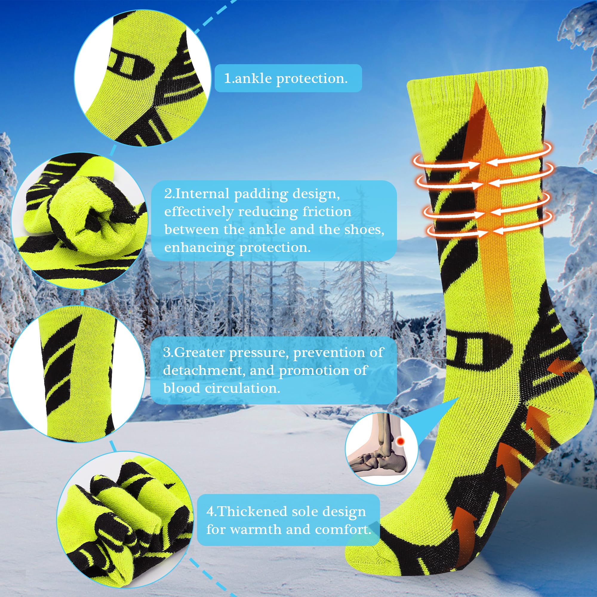 Chaussettes de ski chaudes pour enfants – 2 paires de chaussettes de ski en laine mérinos, chaussettes thermiques d'hiver chaudes pour le snowboard pour garçons et filles