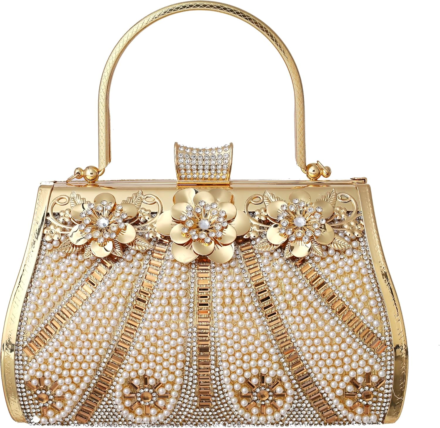 Women's Glitter Clutch Rhinestone Bead Pearl Evening Bag Gold Metal Purse for Party Wedding Bag