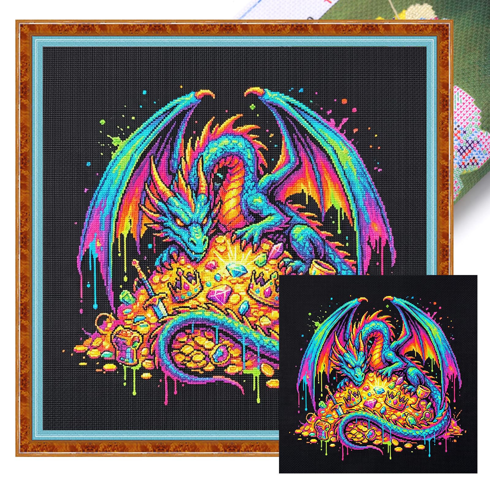 POETRYDRAW Treasure Dragon Full 14CT DIY Stamped Cross Stitch Kits 11.81x11.81inch Embroidery Needlepoint Starter Kits for Beginners Adults Home Decor (Treasure Dragon)