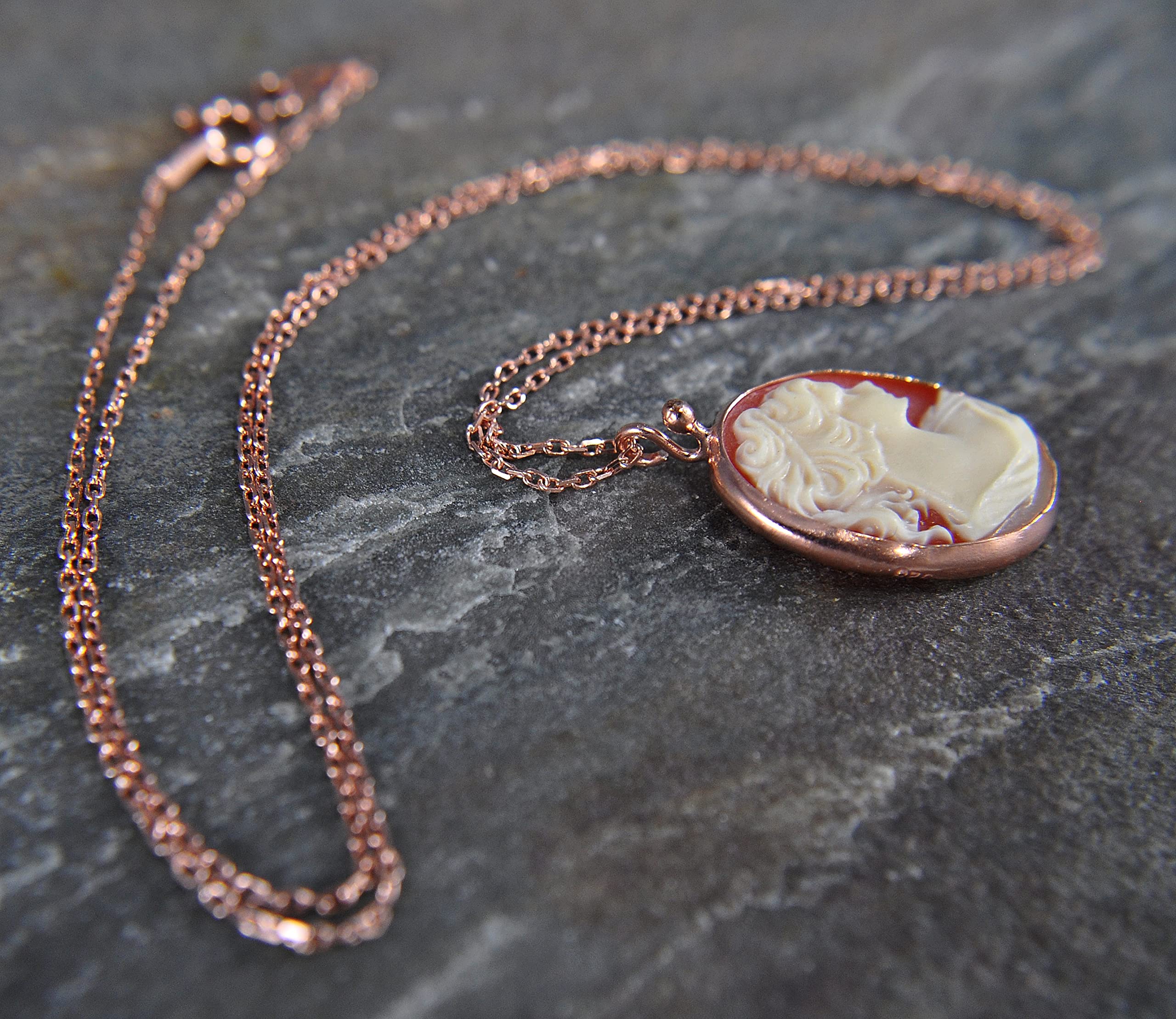 925 Sterling Silber - Lady Cameo - Roségold - Kette - Vintage - Barock - Damen - 45 cm - Anhänger - Oval - Geschenk für Mama - Schwigermutter - Frau - Geburtstag - Must Have - Schmuck - Handmade