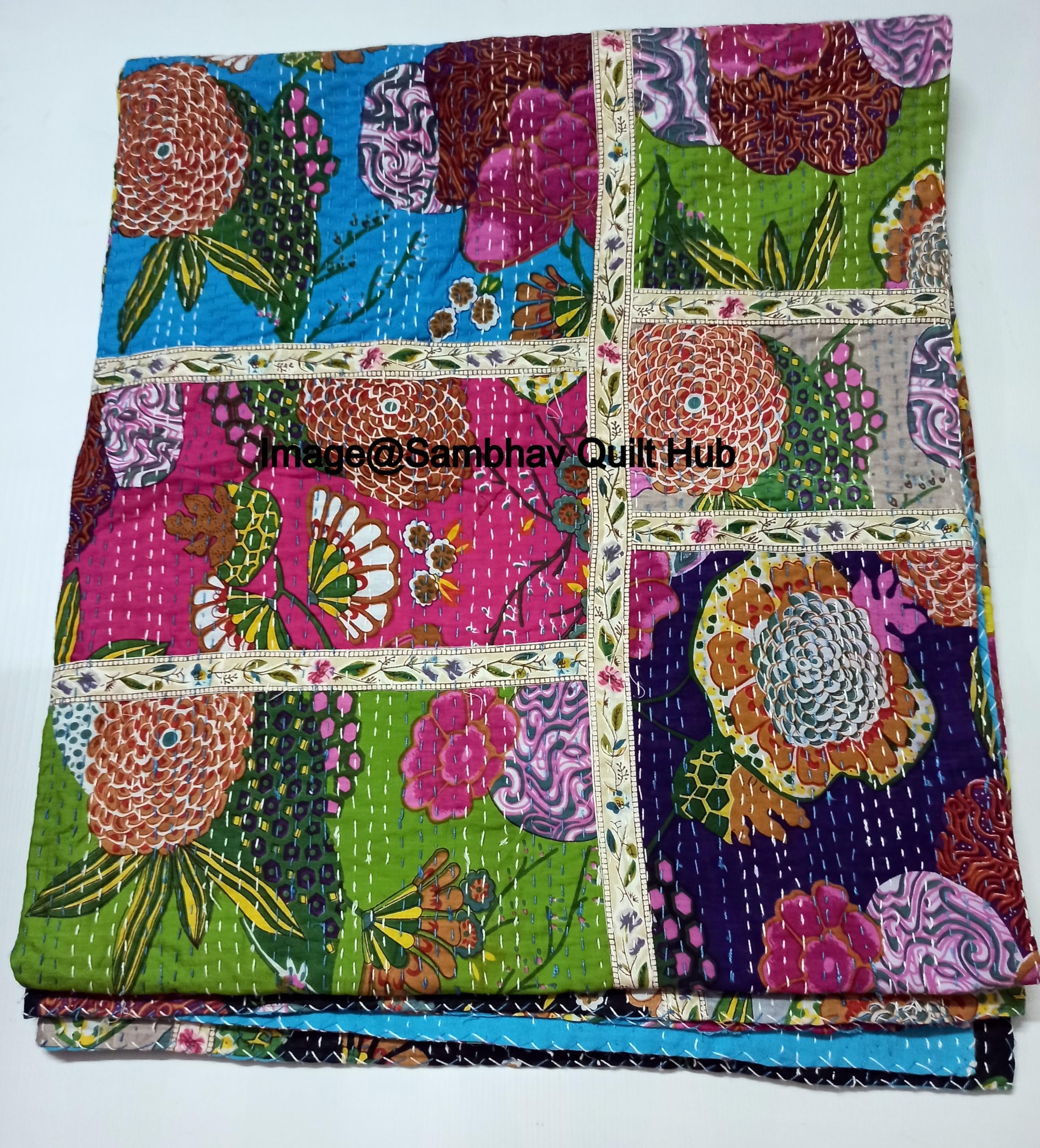 Manta reversible con estampado floral de remiendo de frutas y menos impresión, colcha de Kantha india, colcha de Kantha con costuras étnicas, bohemia, estampado floral Kantha (300 x 208 pulgadas)