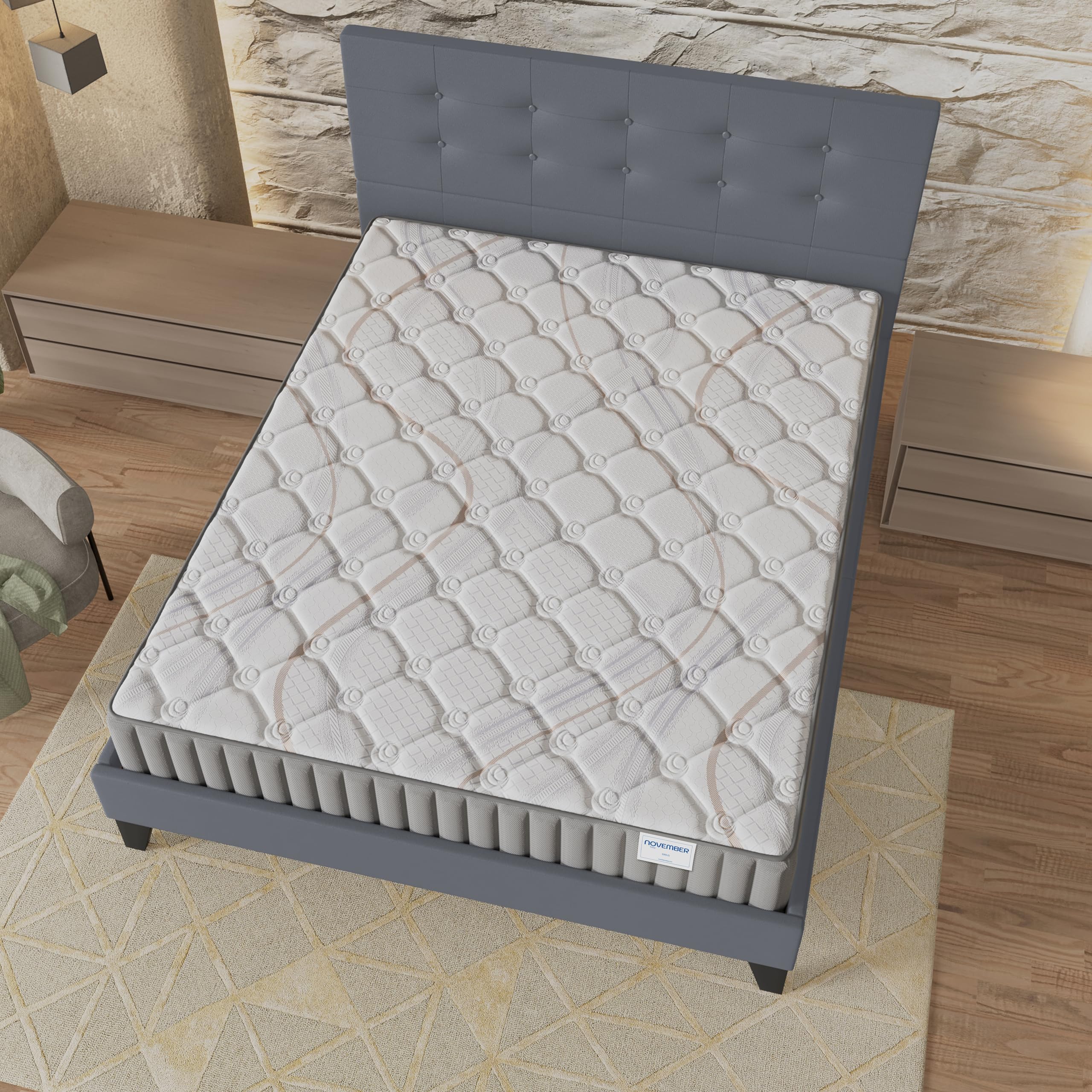 NOVEMBER- Ensemble Matelas + Sommier & tête de lit capitonnée (140 x 200cm) - Matelas Sirius Latex Naturel d’épaisseur 16cm + Lit Stable & Robuste, revêtement synthétique Gris
