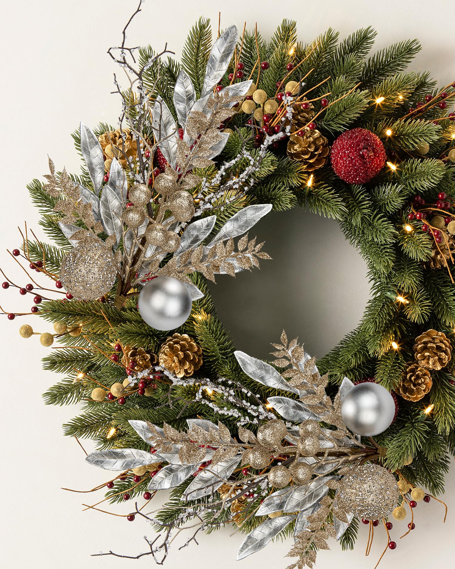 3 Pcs Christmas Glitter Leaves Fern Stems with Ball Ornament, Bay Leaves, 15 Inch Artificial Christmas Picks Floral Branches for Christmas Tree, Xmas Wreath, Centerpieces, Home Decor - Champagne