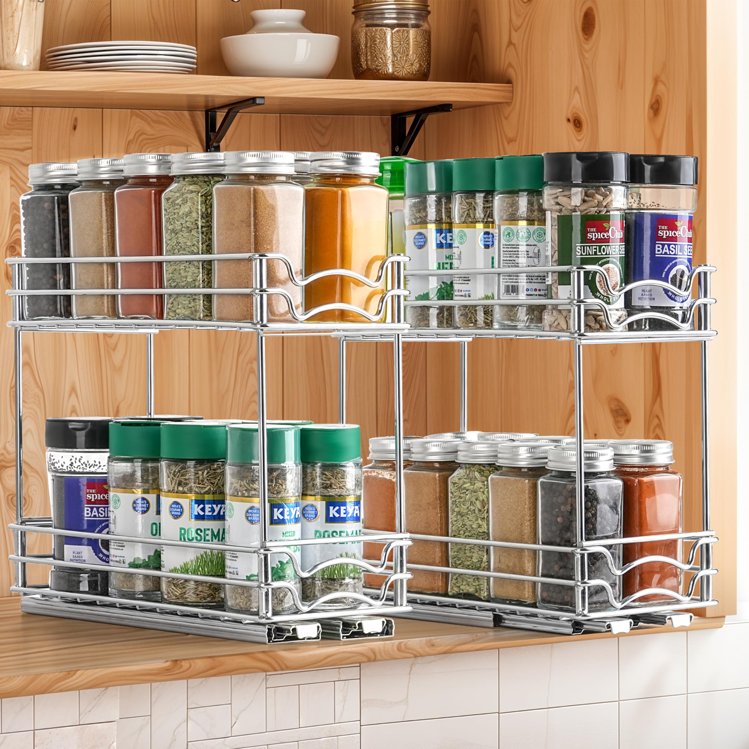 Winter Shore Porta Spezie per Armadietti a 2 Livelli - Organizer Estraibile per Armadietti da Cucina - Scaffale Estraibile Verticale per Organizzare la Dispensa - Cassetti Estraibili