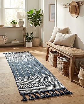 Rugs.com Washable Eco Bohemian Indoor/Outdoor Rug Collection Rug – 8 Ft Runner Navy Blue Flatweave-Pile Rug Perfect for Hallways, Entryways