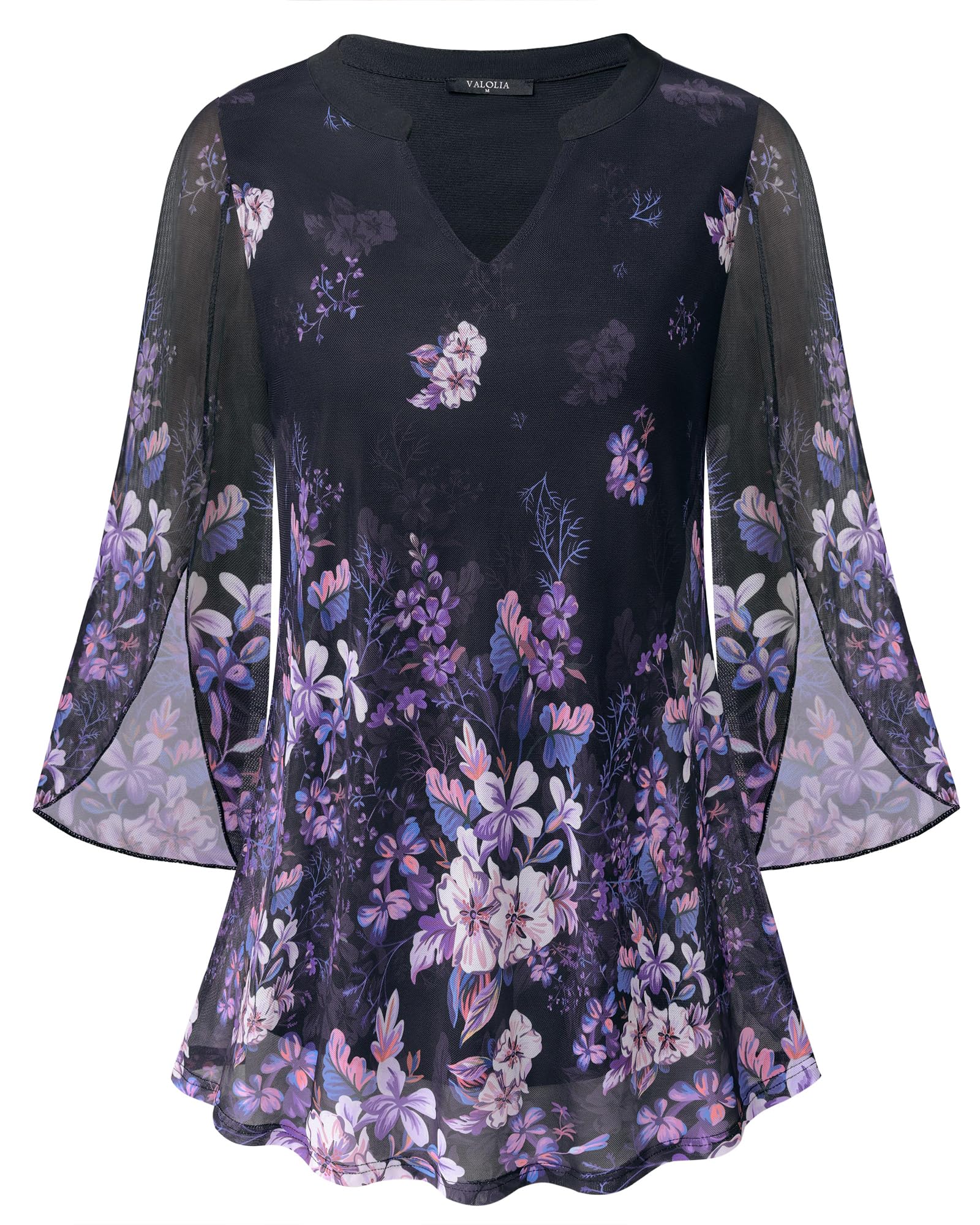 VALOLIA Women's 3/4 Sleeve Floral Tunic Tops V Neck Double Layers Loose Fit Mesh Blouses Shirt, Black Violet, Medium