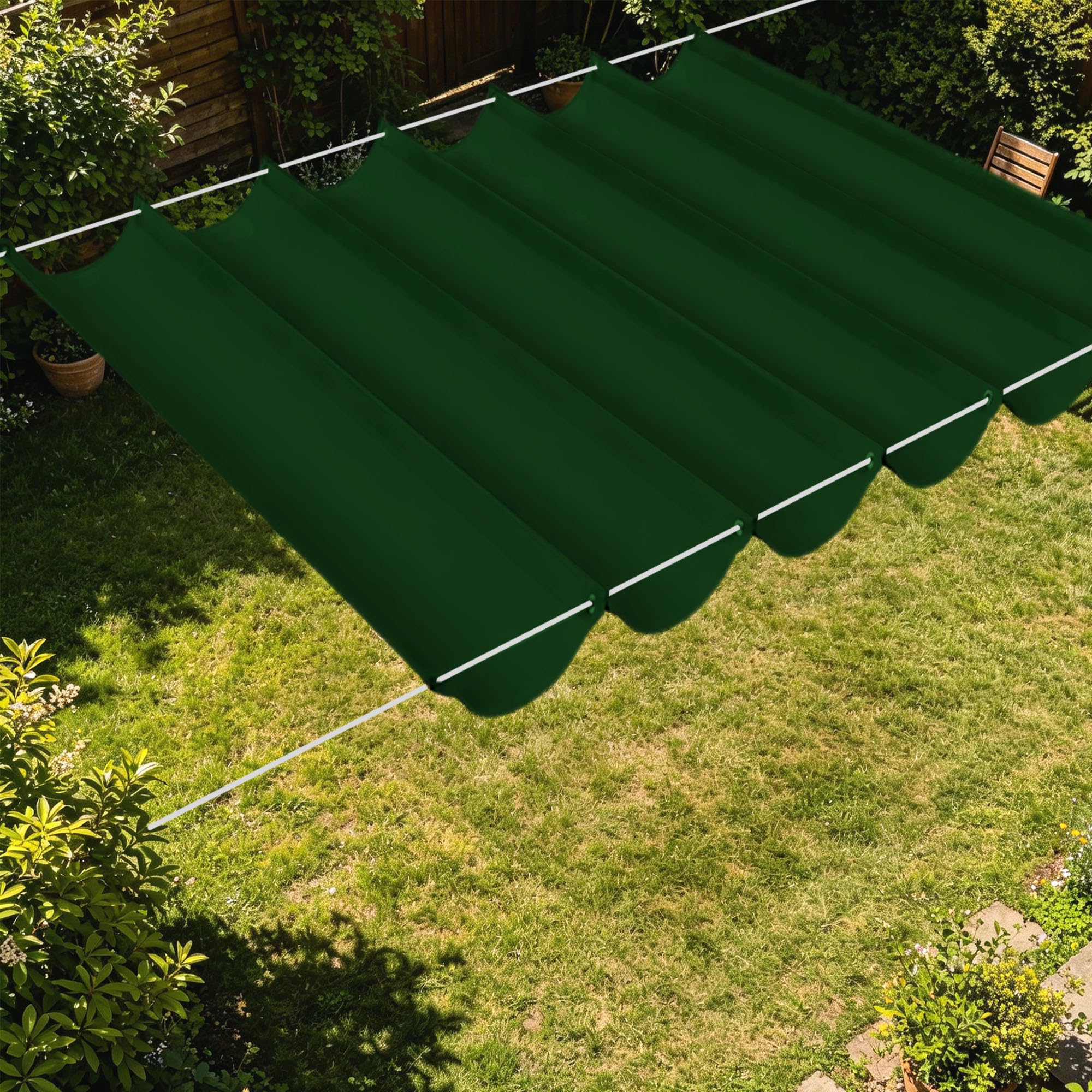 Vela Parasole a Onda Retrattile 300 x 320 cm Senza Foratura Vela Ombreggiante a Onda Retrattile Resistente Agli Strappi per Terrazza, Pergola, Veranda, Giardino, Verde Scuro