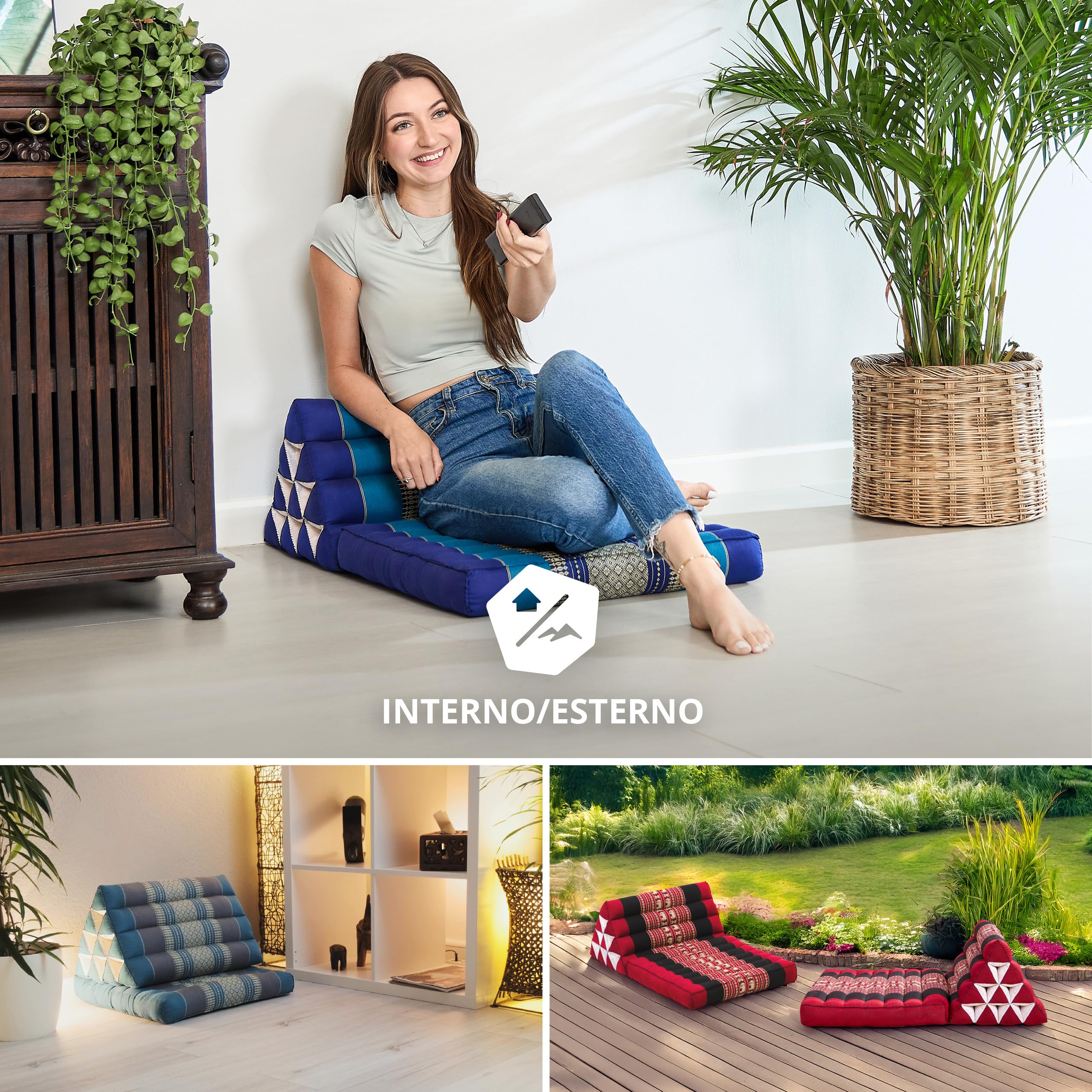 livasia cuscino thai 1 segmento - 75x50x8cm - cuscino triangolare per sedersi, cuneo kapok, supporto lombare pieghevole, materassino thai, fatto a mano (Blu)