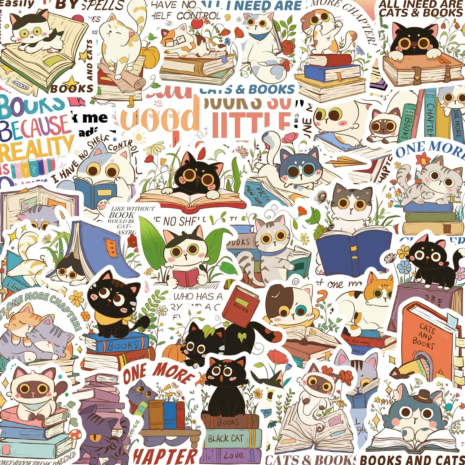 60PCS Cat Book Stickers for Kindle Kawaii Cat Bookish Stickers for Girls Reading Stickers Bookish Stickers for Kids Book Lover Gifts Vinyl Stickers