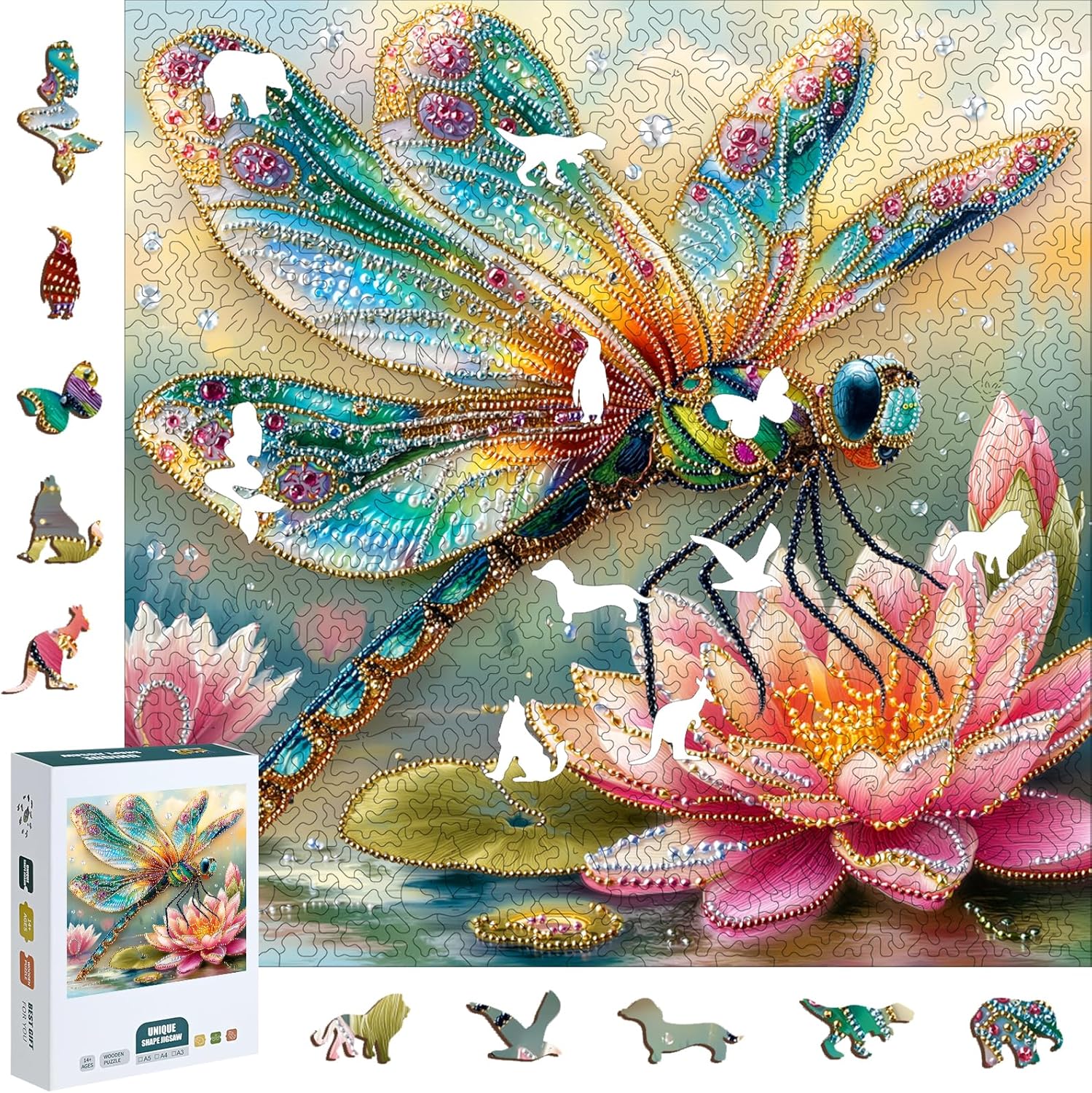 Wooden Puzzles for Adults, 210 Pieces Unique Dragonfly & Lotus Pattern Wooden Jigsaw Puzzle, Sparkling 3D Decorative Wood Puzzle, Easter Gift for Mom, for Adult Puzzle Lovers