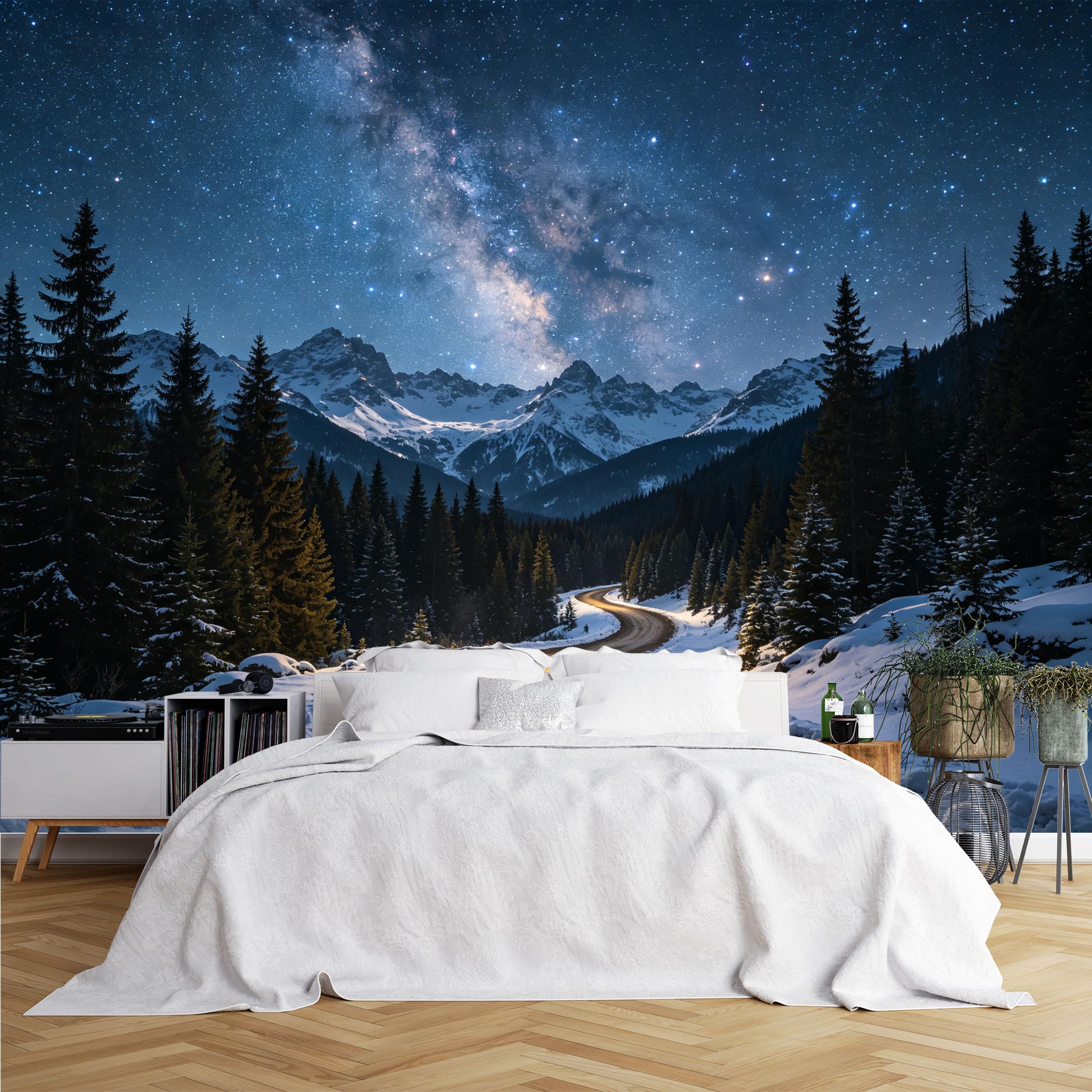 Lcythiazole Ch260615028 Custom Size Wall Murals Snow Mountain Road Milky Way Night View Wall Murals Full Wall Wallpaper Self-Adhesive Removable Wallpaper For Lodge Living Room