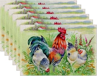 6 Pcs Chicken Rooster Table Mats,Garden Life Placemats Waterproof Washable, Kitchen Table Decoration Placemats Modern Holiday Kitchen Table Decoration(12"x18"Linen)