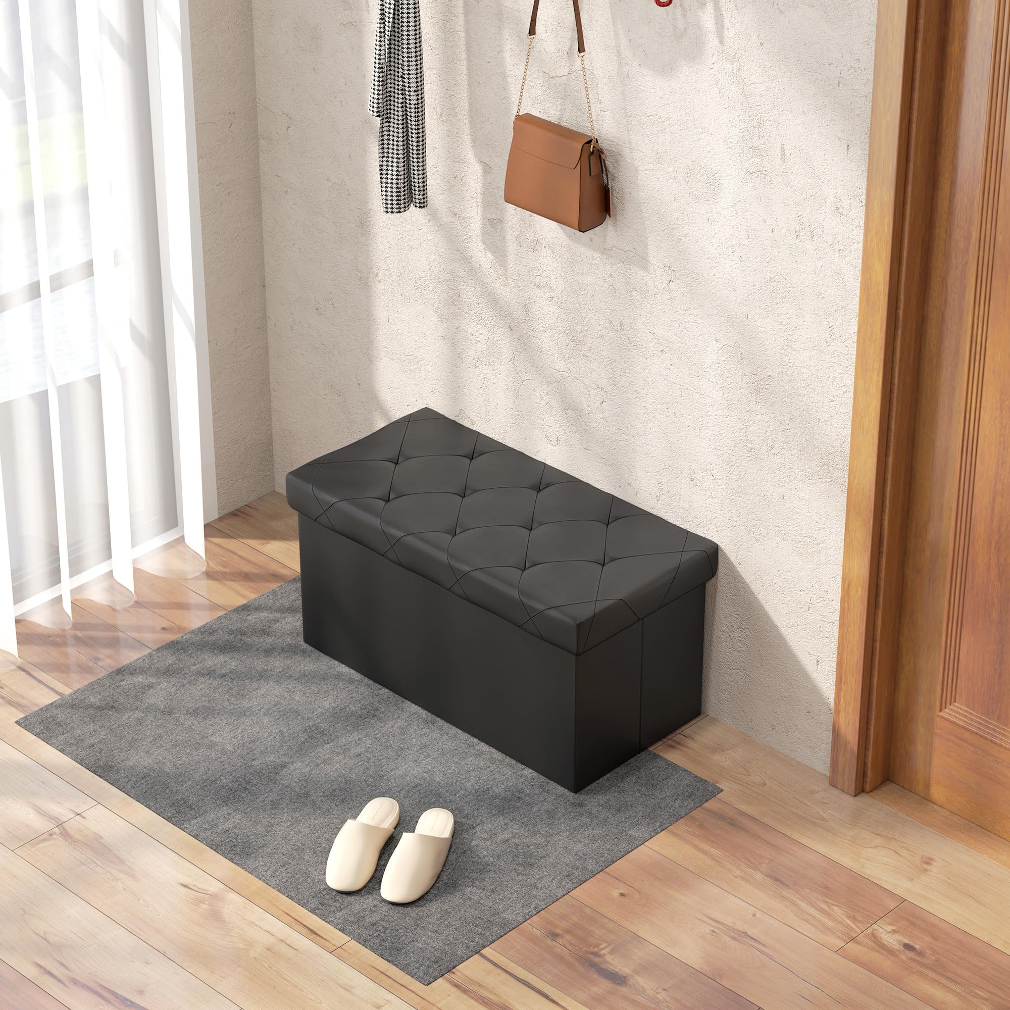 HOMCOM Panca Contenitore Pieghevole da 84L, Panca Fondoletto con Coperchio Imbottito e Rivestimento in Pelle PU, 76x38x38cm, Nero