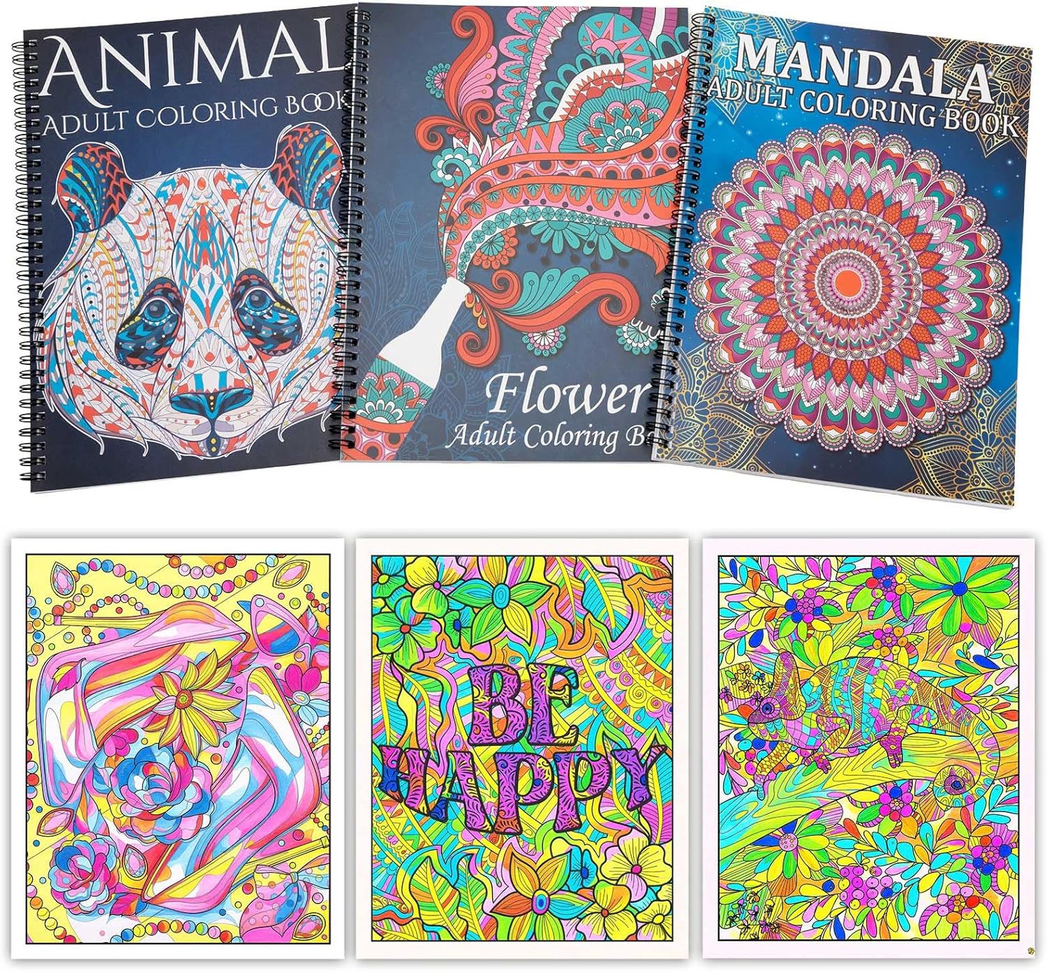 Adult Coloring Book Set,Spiral Bound Coloring Book for Adults Relaxation,60 Pattern Included Animal,Madalas and Flowers,Stress Relief Coloring Books for Women - Image 2