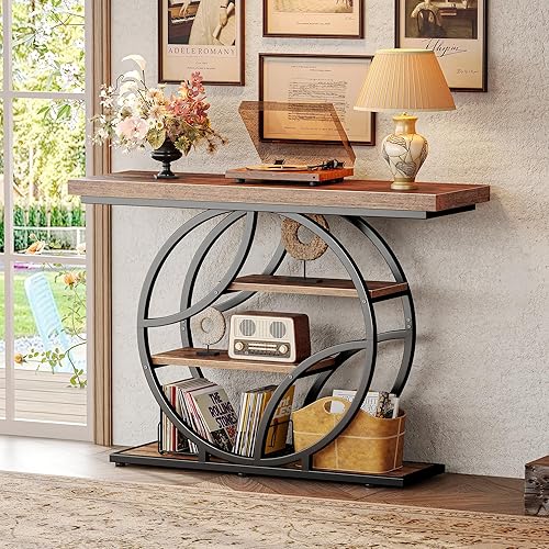Miniatura 9 de Huuger Mesa de entrada de 41.3 pulgadas, mesa de sofá industrial con consola y almacenamiento, mesa de acento con estantes, para entrada, pasillo,