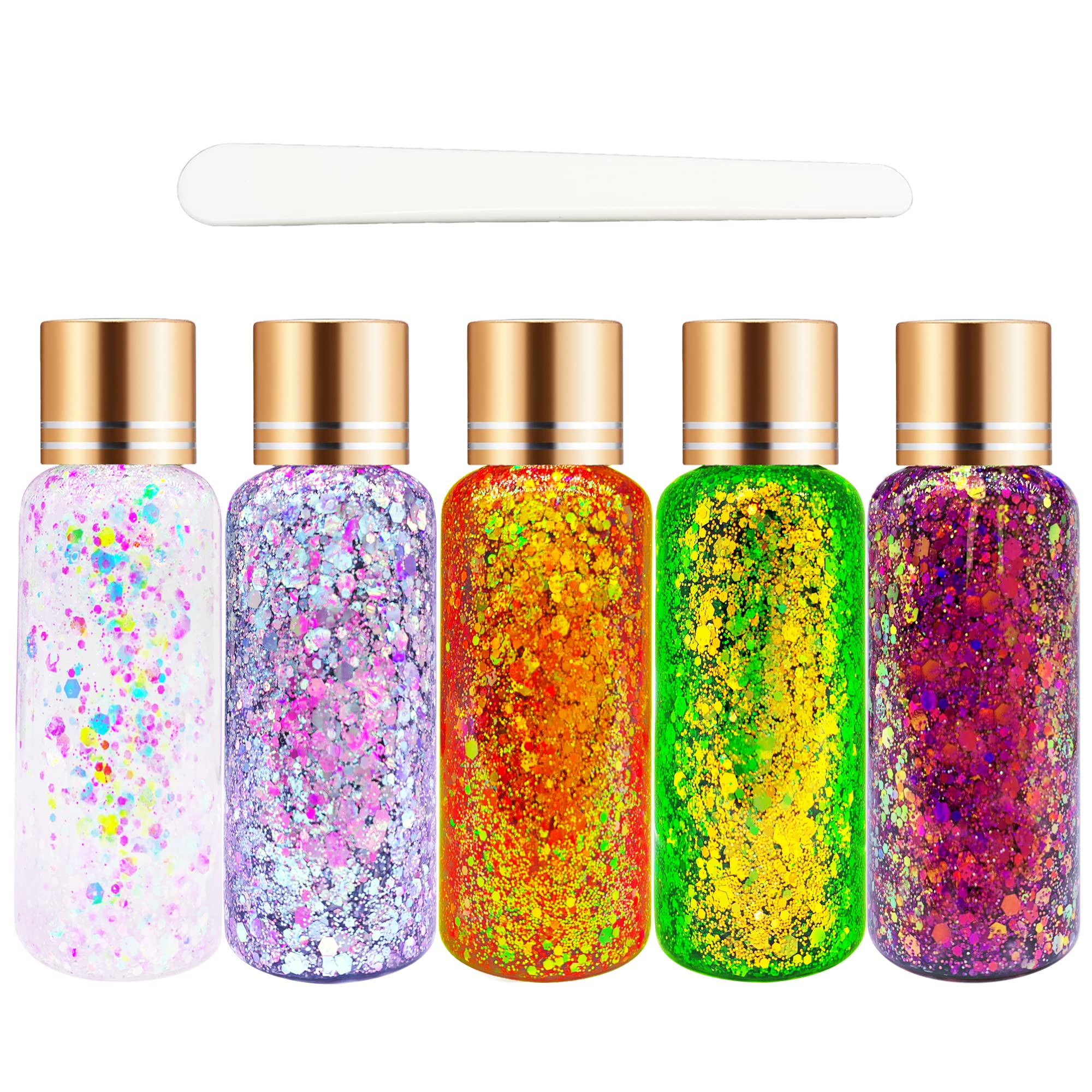 Body Face Glitter Gel SUPGIFT 5 Colors 7.8oz Holographic Chunky Chameleon Liquid Glitter Sequins Glue for Makeup Eyeshadow Hair Nail Slime Craft Resin with Spoon