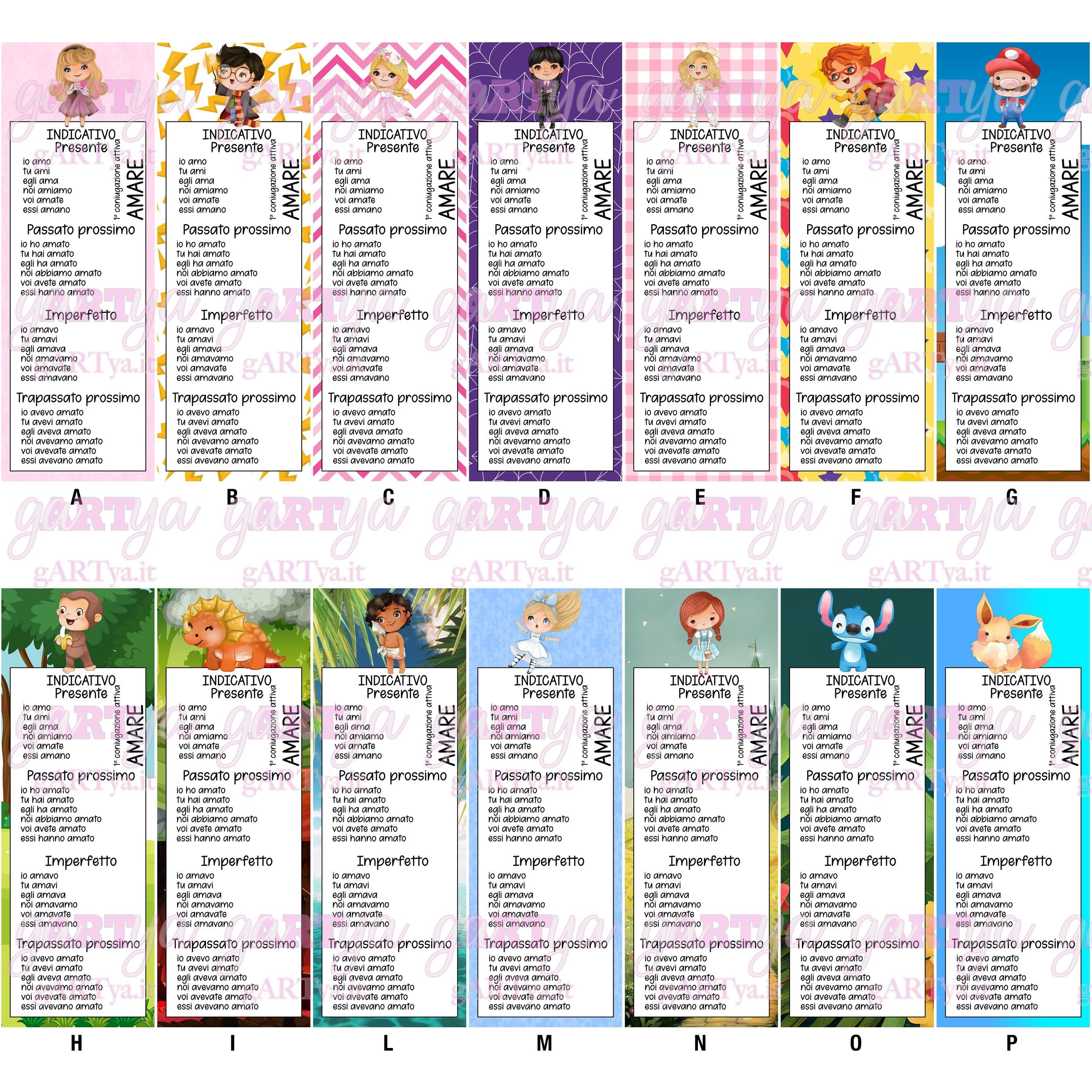 Schedine Verbi Regolari Personalizzate con Nome – Schede Didattiche Plastificate con Anello per Bambini – Personaggi Principesse, Maghi, Dinosauri, Fumetti – Scuola Primaria