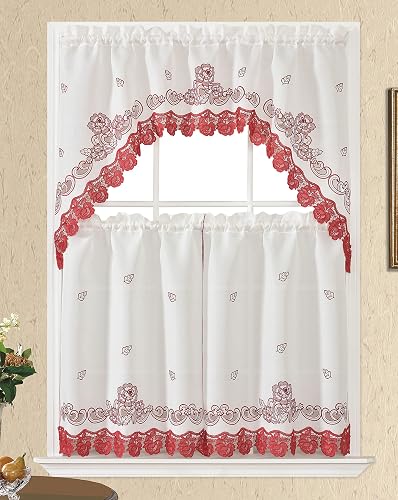 GOHD Lace Rosarium Kitchen Curtains 3PCS Set