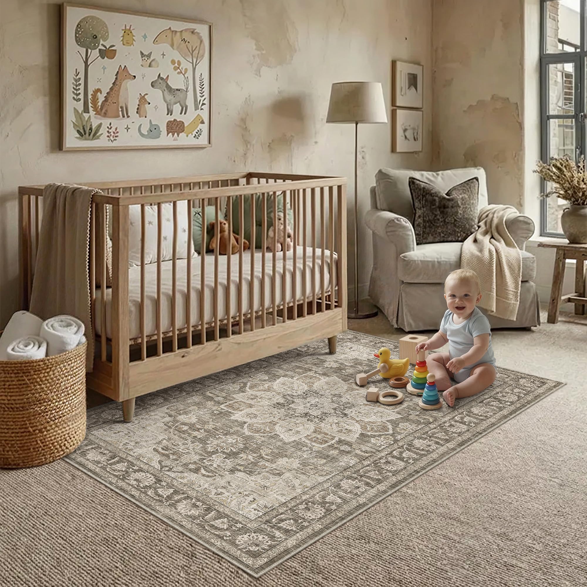 PureCozy Brown Rugs Living Room Area Rug 140x200cm Bedroom Large Washable Non Slip Vintage Carpet Office Kitchen Bedroom Dining Room Indoor Low Pile Carpets — image 1