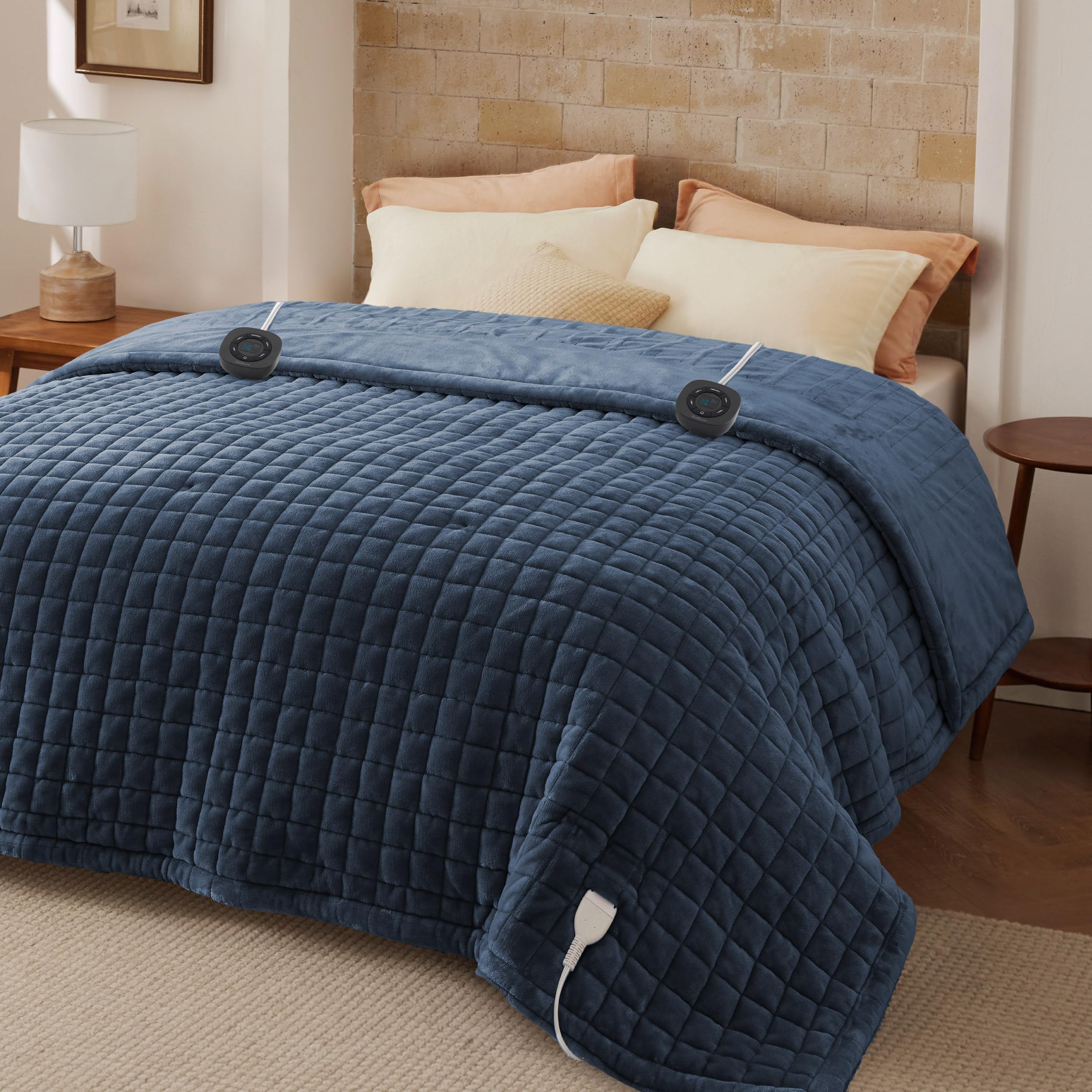 Bedsure Luxury Quilted Heated Blanket Queen, Thick Electric Blanket, Blue