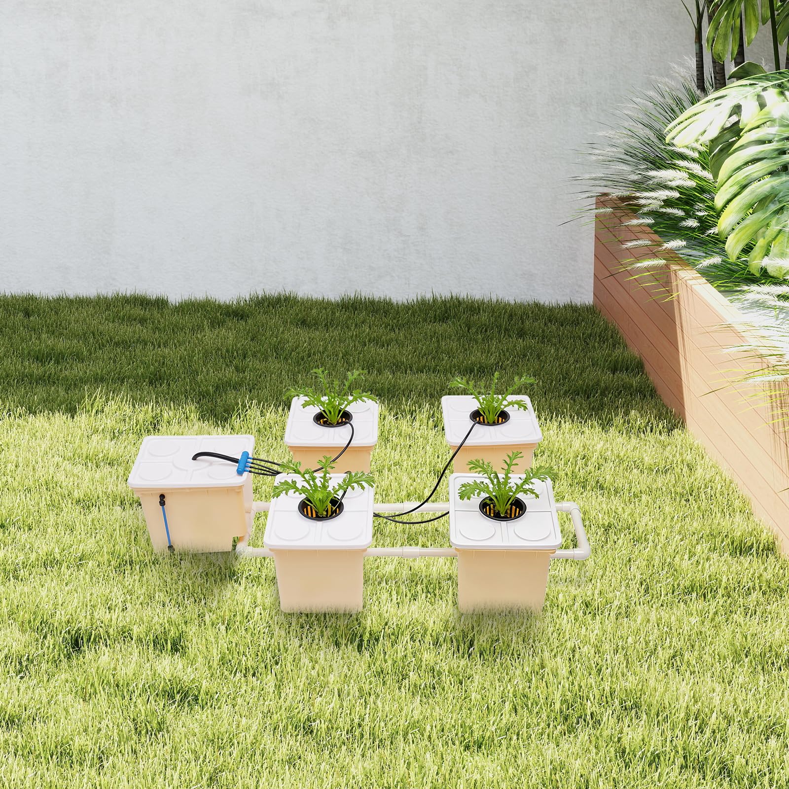 Juego de cubos hidropónicos, sistema DWC con 5 cubos, 4 vasos de red, bomba de agua de 4 W 300 L/h, 11 L de capacidad por cubo, juego de cultivo hidropónico para verduras, hierbas y flores