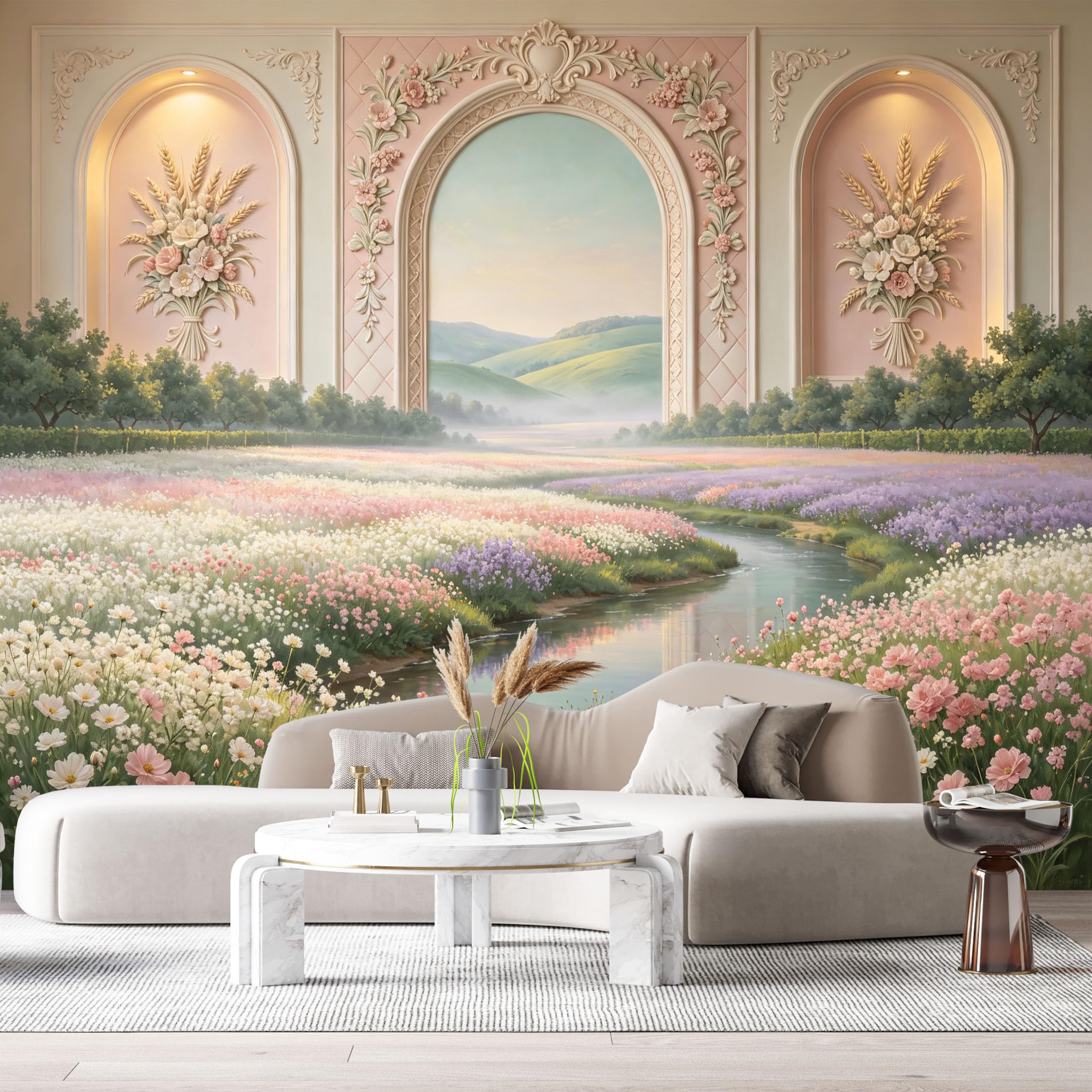 Custom Size Wall Murals Neoclassical Arch Flower Meadow Stream Landscape 3D Trompe L'Oeil SelfAdhesiveWall Fabric Removable Wallpaper Wall Decor for Living Room Bedroom Bathroom