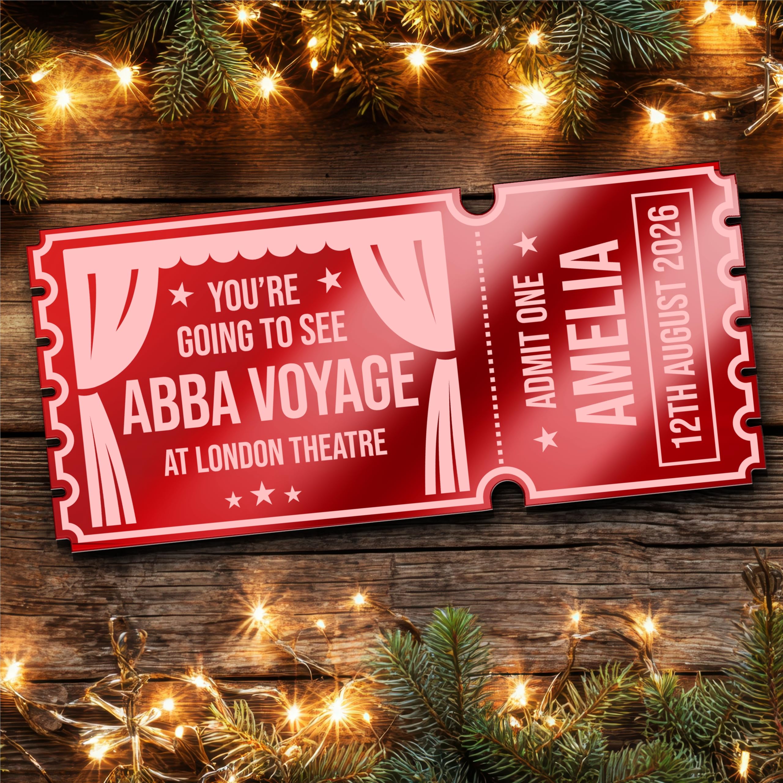 Red Mirror Acrylic Ticket Any Musical Theatre Show Personalised Any Text Voucher | Custom Surprise Reveal Voucher Ticket | Announcement Greeting Card | Note Card
