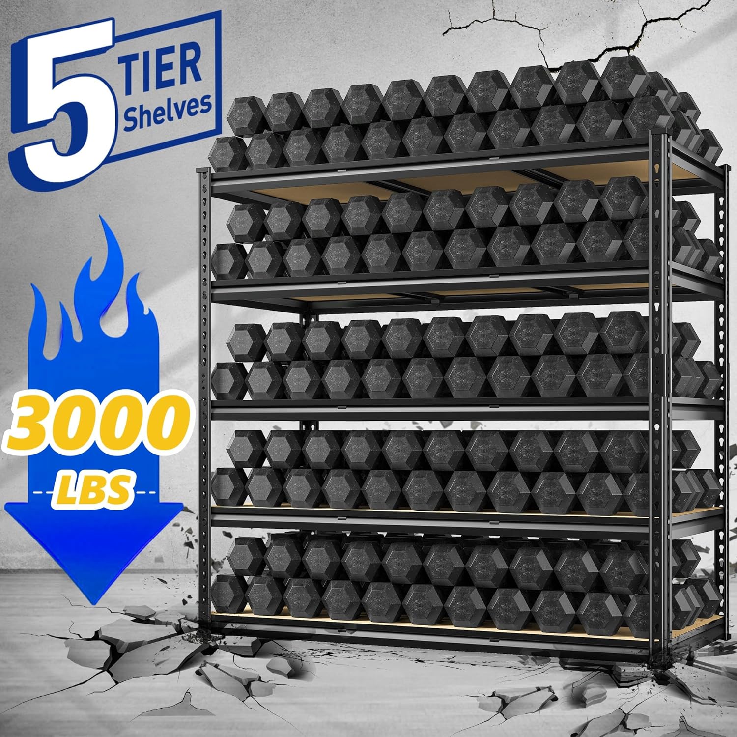 REIBII 48" W Garage Shelving Heavy Duty, 3000LBS Storage Shelves, 5-Tier Adjustable Metal Shelving, Garage Shelves Sturdy Industrial Shelf, Easy Assemble, 72" H x 48" W x 18" D - Image 4