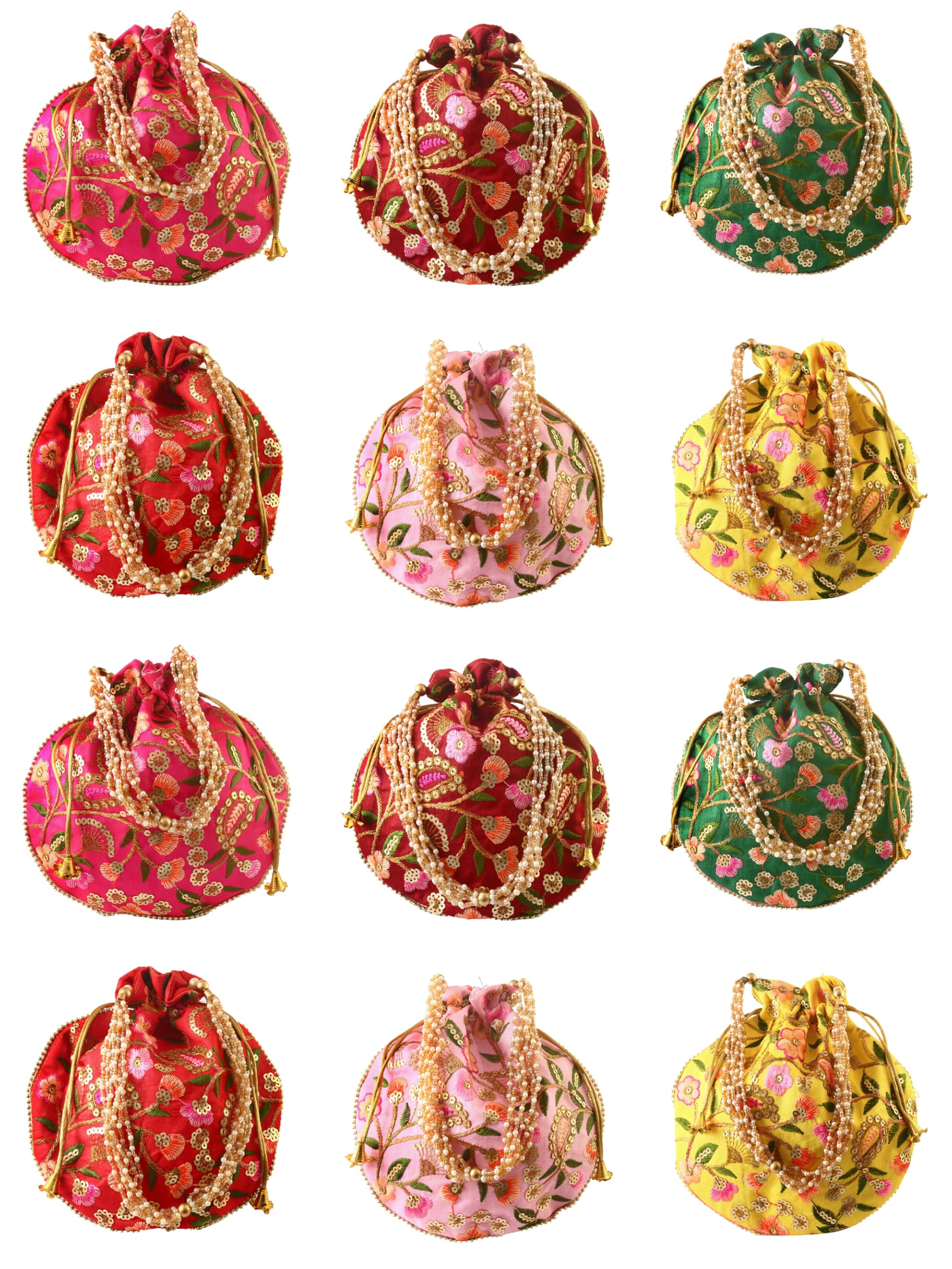 Rajasthani Style Royal Clutch Silk Batwa Bag Wristlets Embroidered Potli Bag With Floral Design, Pearl Handle, Traditional Drawstring Purse-image-38