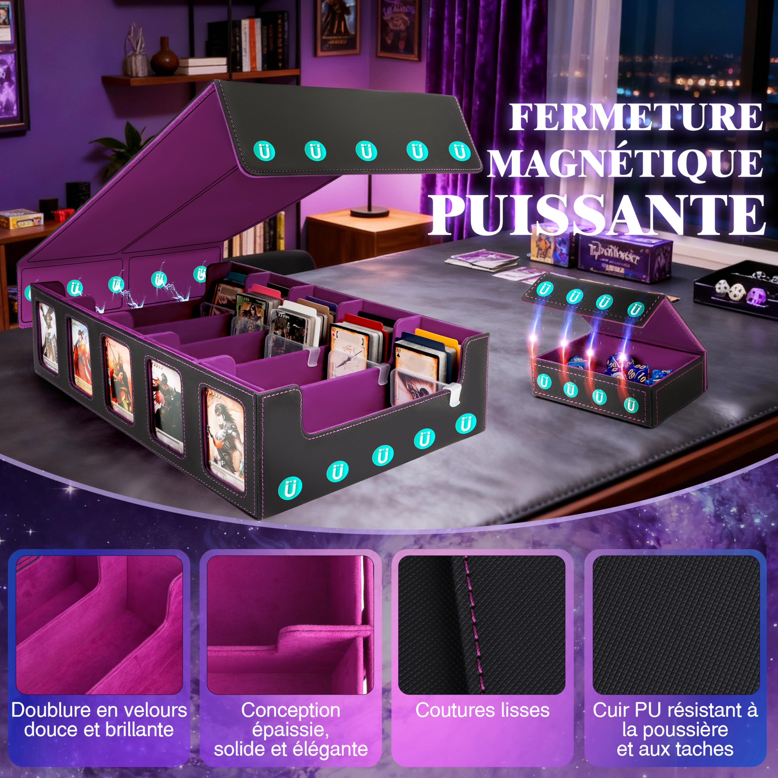 Charmofun Boîte Rangement Carte, Boîte à Cartes pour Plus de 3000+ Cartes Avec 10 Séparateurs, 5 Blocage et Plateau à Dés, Boîte à Rabat Magnétique avec Cuir Pu et Poignée