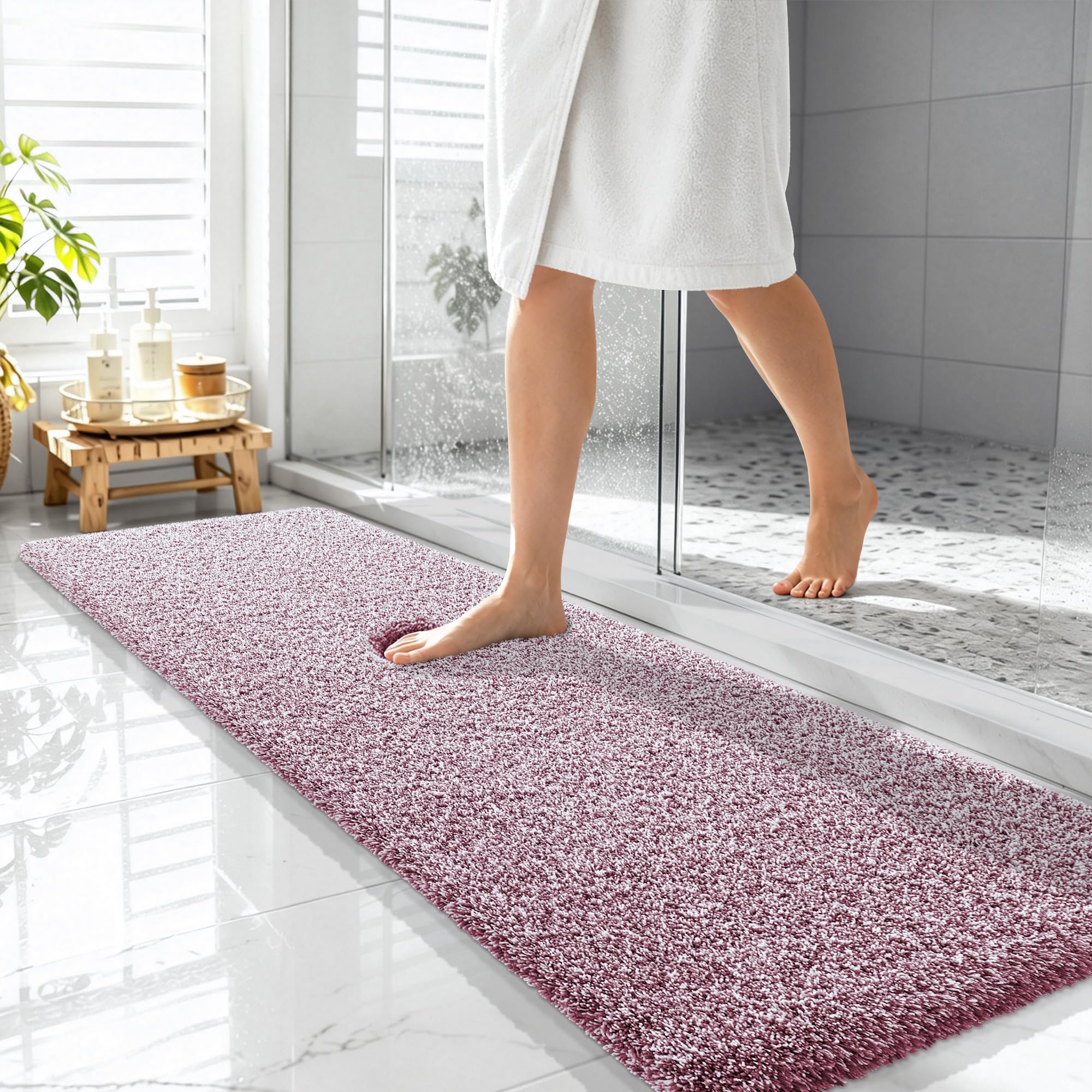OLANLY Microfiber Bathroom Rugs 59x20, Quick Dry Mat, Burgundy and White