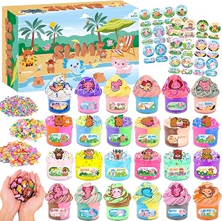 24 Pack Slime Kit – Soft & Non-Sticky Butter, Cloud & Crystal Slime – 12 Axolotl, 6 Highland Cow, 6 Capybara Charms – DIY Slime Toys for Kids, Stress Relief, Party Favors, Gifts