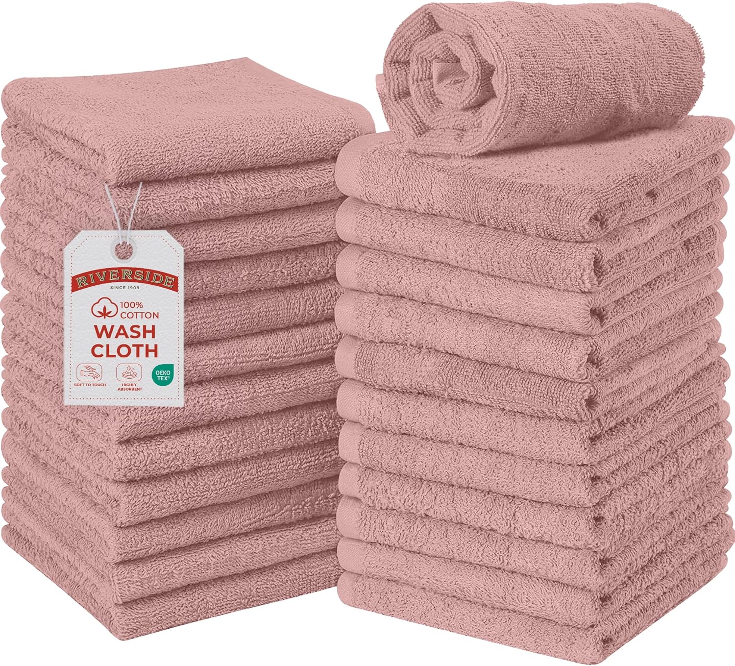 RIVERSIDE Pack of 24 Wash Cloths for Showering, 12 x 12 Inches, Super Soft & Absorbent, 100% Cotton Washcloths Premium Quality Flannel Face Cloths for Bathroom, Gym, Spa (Dusty Rose, 24 Pack)
