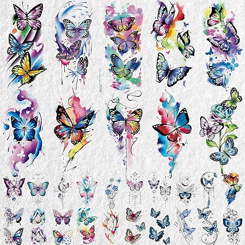 Miniatura 2 de Cerlaza Tatuajes de mariposa 3D temporales realistas para mujeres adultas, 79 hojas de tatuajes temprarios de acuarela para mujeres, calcomanías