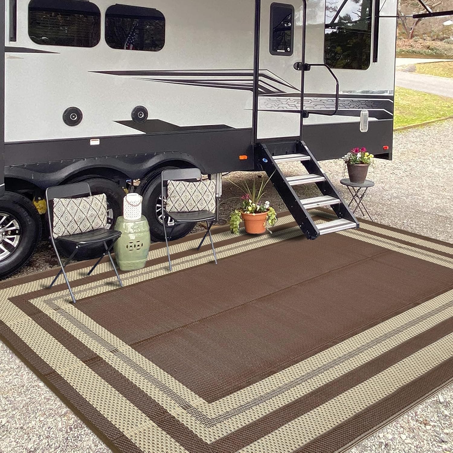9x12 Outdoor Rug Waterproof Foldable Plastic Straw Carpet for Patio Porch Modern Border Reversible Mat Lightweight Floor Mat for Picnic, Backyard, Rv, Beach, Deck, Camper, Balcony，Brown