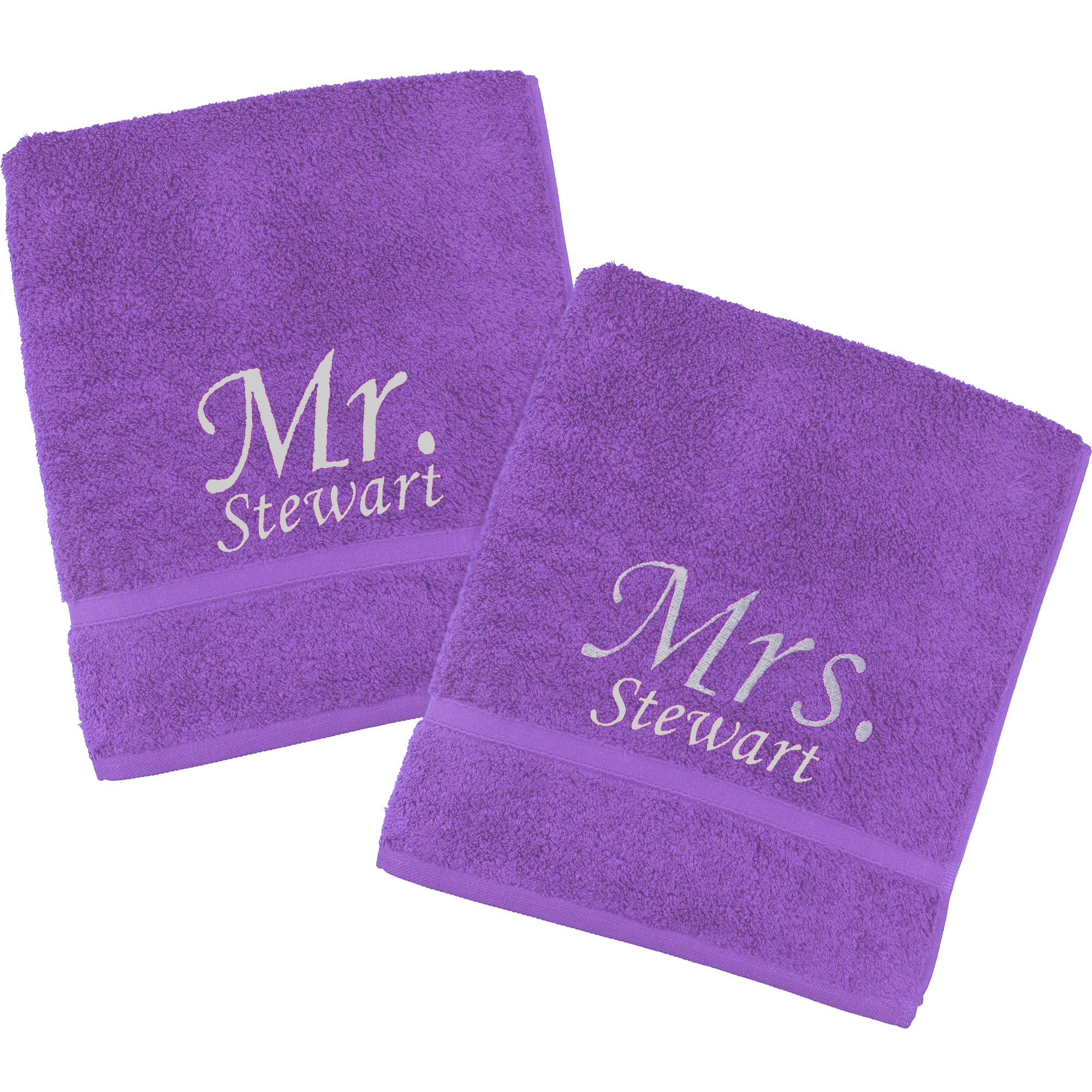 TeddyTs Personalised Mr & Mrs Embroidered Towels Gift Set (Purple With Silver, Bath Towel (120x70cm))