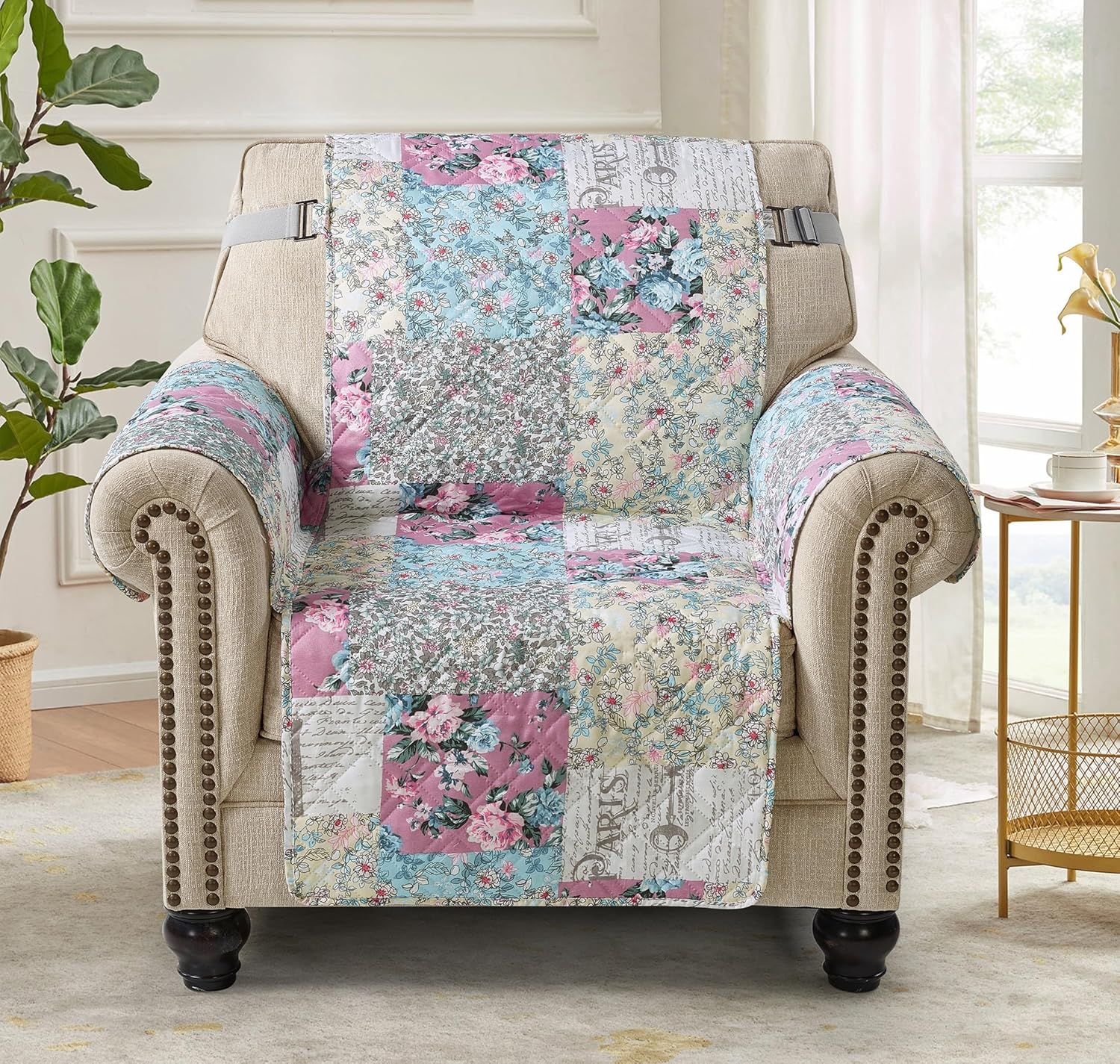 Brilliant Sunshine Lilac Rose Toile Couch Cover, Traditional Patchwork Design, Quilted Chair Slipcover, 23" Seat Width, Slip Resistant Furniture Protector, 2" Strap, Washable Armchair Cover, Egg Blue