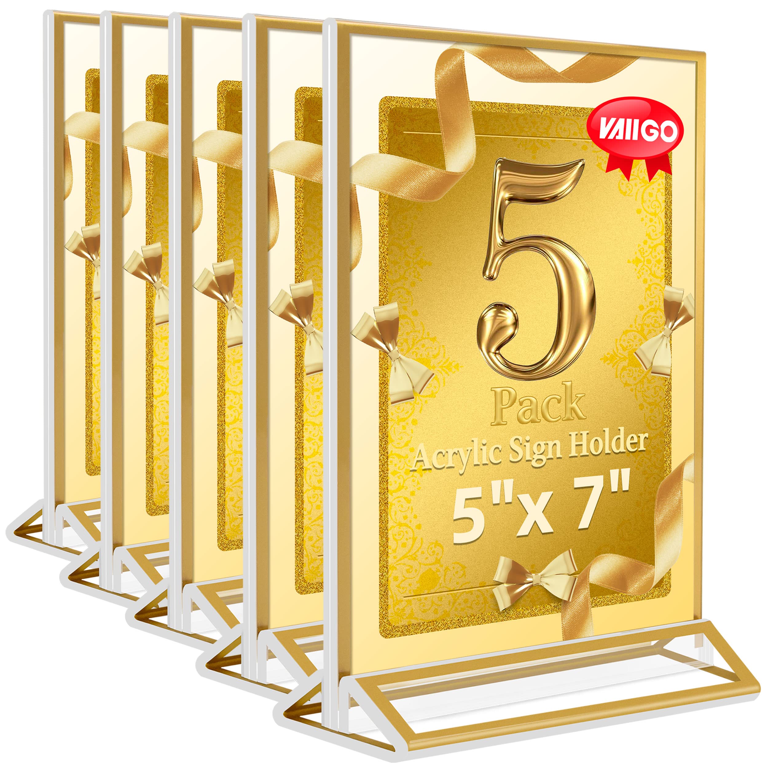 VAIIGOAcrylic Sign Holder Gold Acrylic Frame 5x7, Double Sided Menu Holder Stand Table Top Sign Stand for Display, Wedding Table Numbers, Restaurant, Office, Party Sign Stand, 5Pack