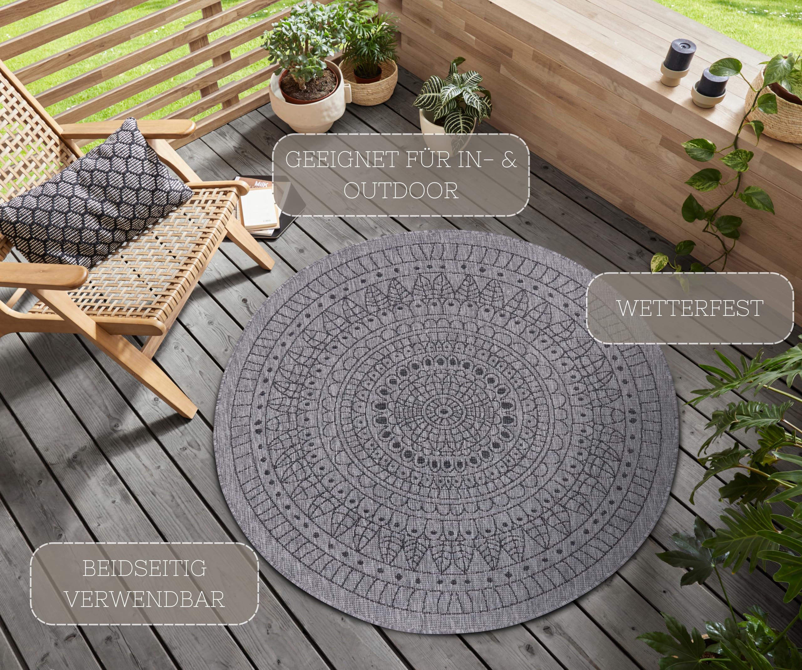 Northrugs Porto Tapis d'intérieur et d'extérieur Rond réversible imperméable Motif Mandala Tissu Plat Résistant aux intempéries pour Balcon, terrasse, Jardin, Salon, Argenté Nuit, diamètre 100 cm