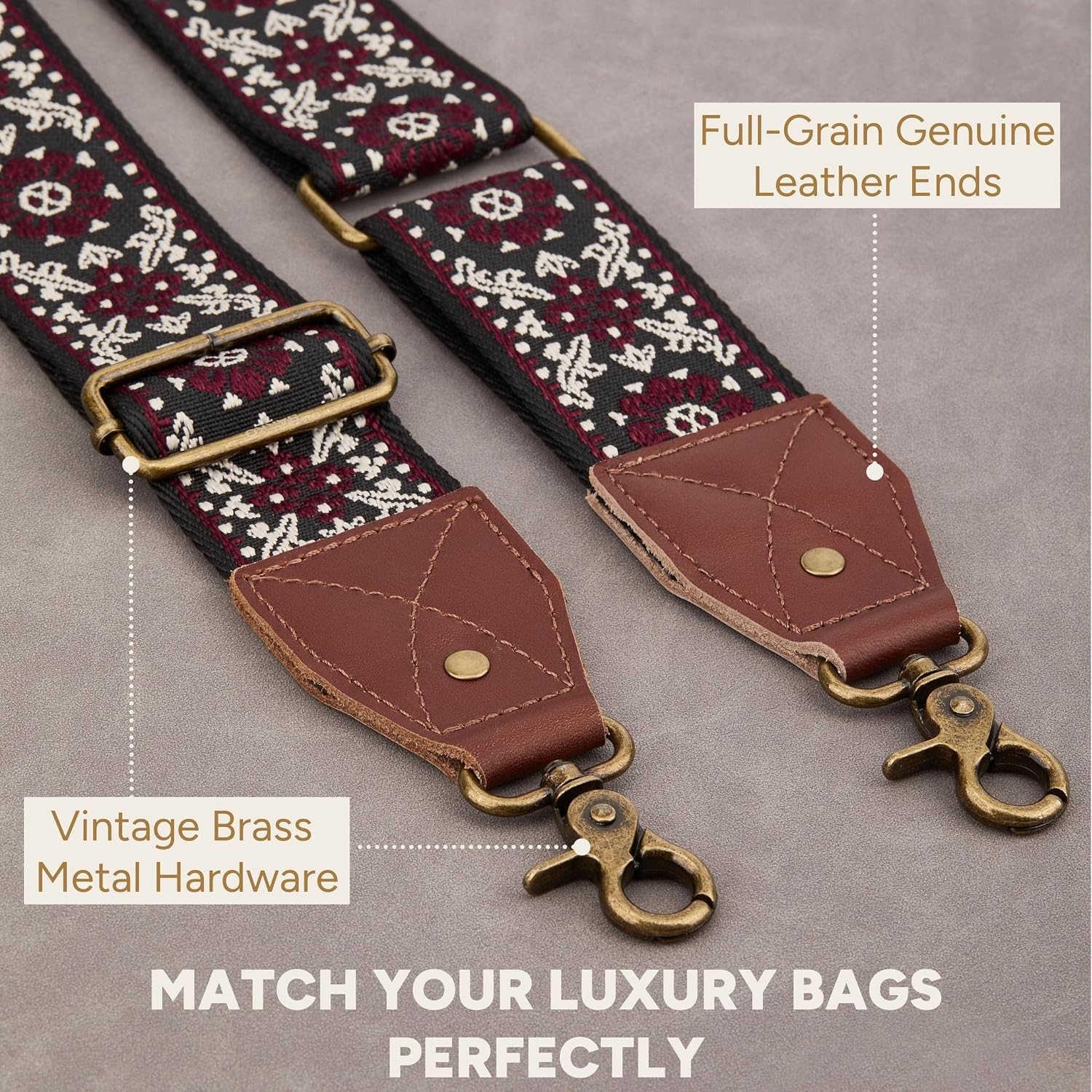 BAKKO Crossbody Strap Full Grain Leather Ends Brass Metal Hardware 2" Wide Replacement Shoulder Strap image 3
