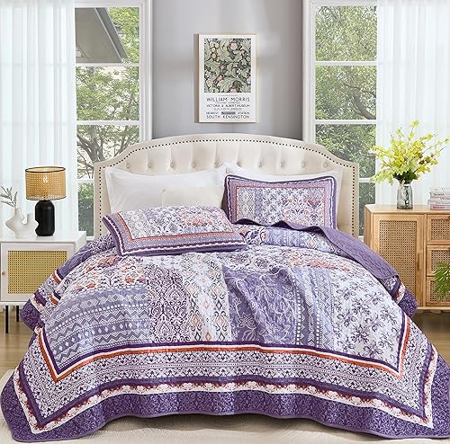 WONGS BEDDING Purle - Juego de edredón tamaño Queen, juego de colcha de retazos bohemios de 3 piezas, juego de ropa de cama ligero bohemio para