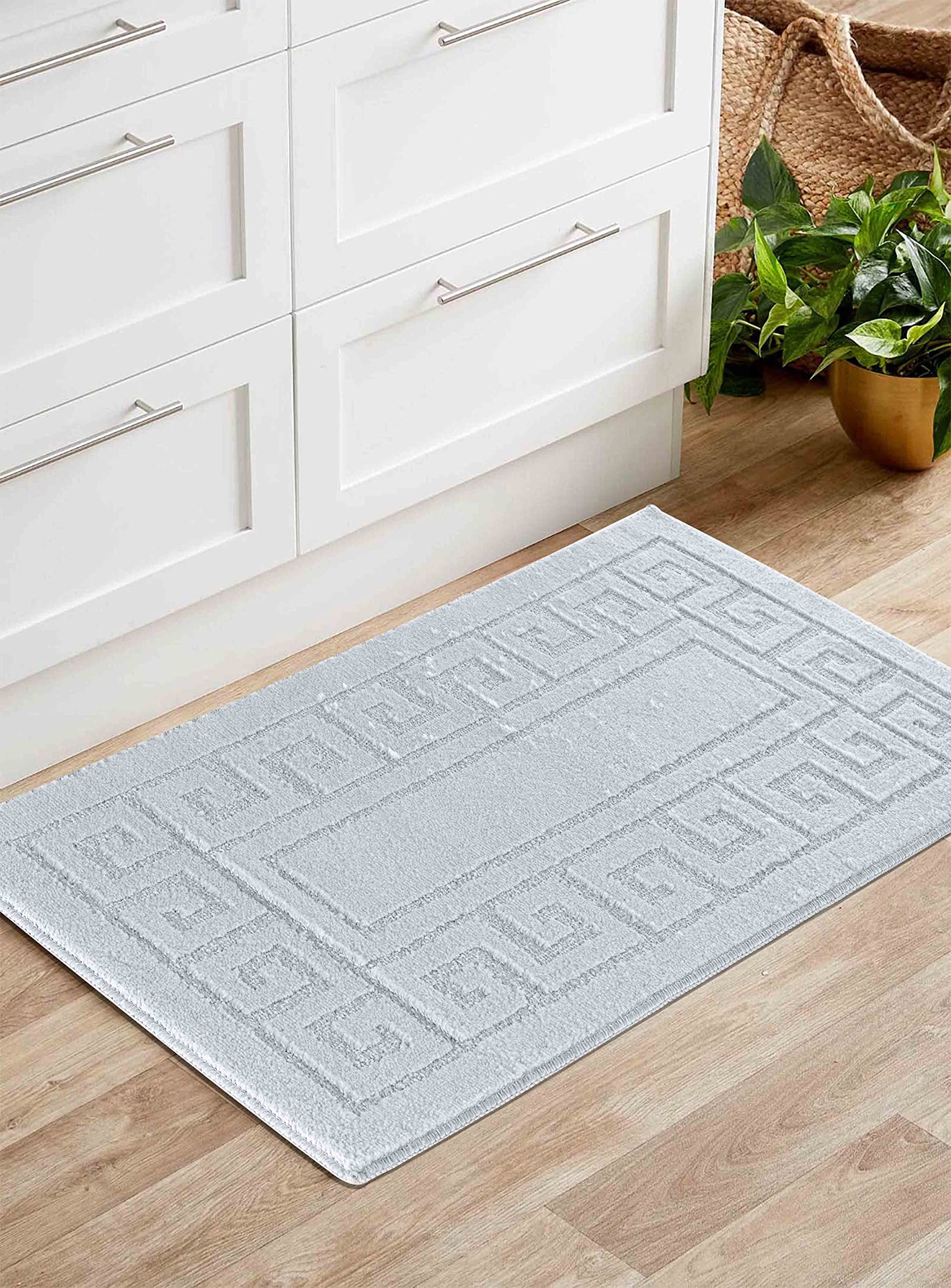 Serdim Rugs Silver-Greek Ivy Washable Door Mat Kitchen Mats Non Slip Greek Key Design Kitchen & Hall Runners Doormats, Silver, 60X110 Cm