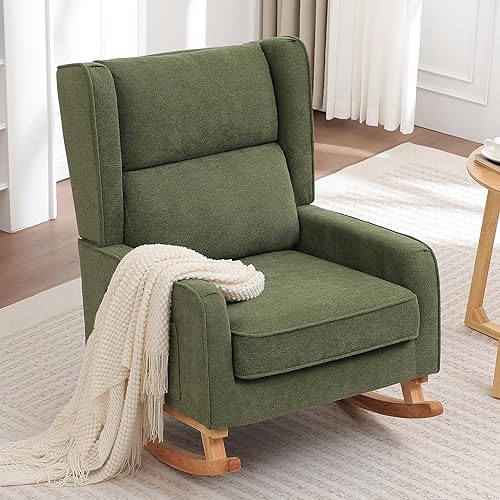 HCHAIRH Nursery Rocking Chairs, Rocking Chair Nursery for Mom Nursery Rocker with High Backrest and Solid Wood Legs, Modern Wingback Accent Rocking Chair for Reading Living Room Bedroom Green