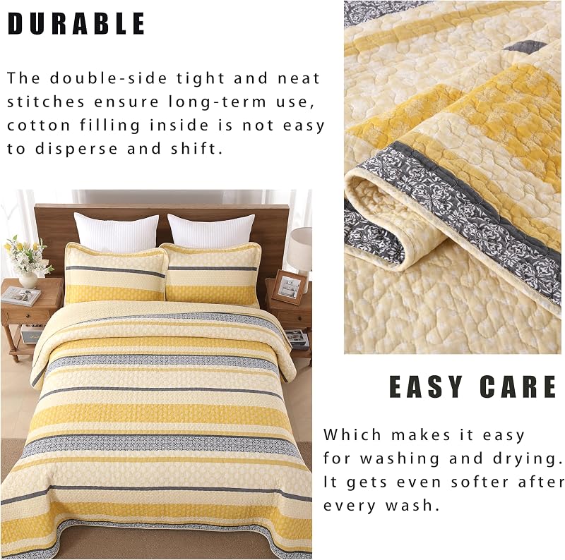 Homzard Quilt King Size - Cotton King Quilt Bedding Set, Yellow Black Gray King Size Comforter Set,Farmhouse Striped Bedspread King Size,Lightweight Bedding Home Decor 3 Piece image 6