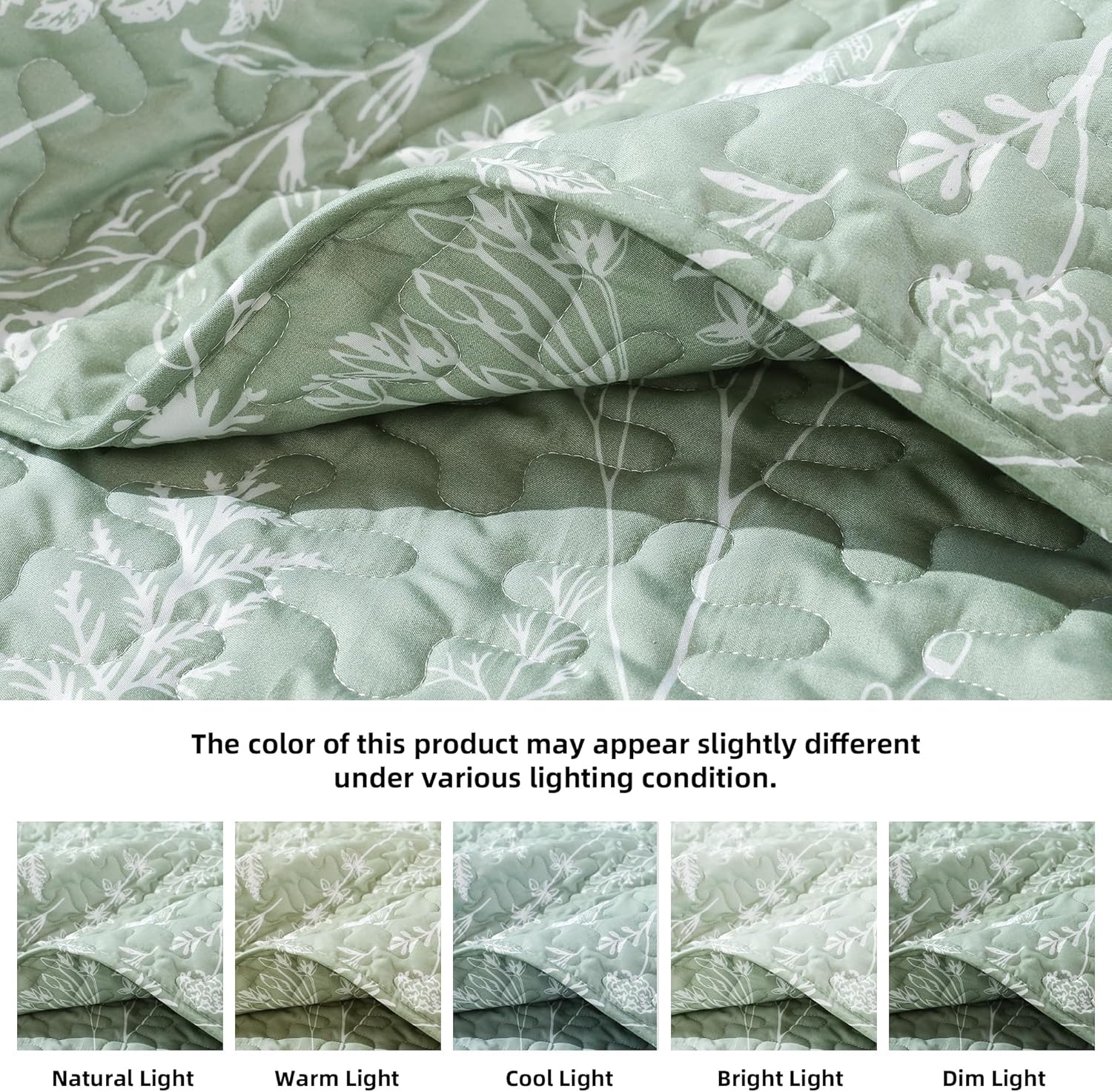 JANZAA Quilts Queen Size Sage Green Quilt Botanical with Floral Pattern Microfiber Bedspreads Queen Size 3 Pieces Lightweight Comforter Reversible Bedding Set with 2 Pillow Cases - Image 4