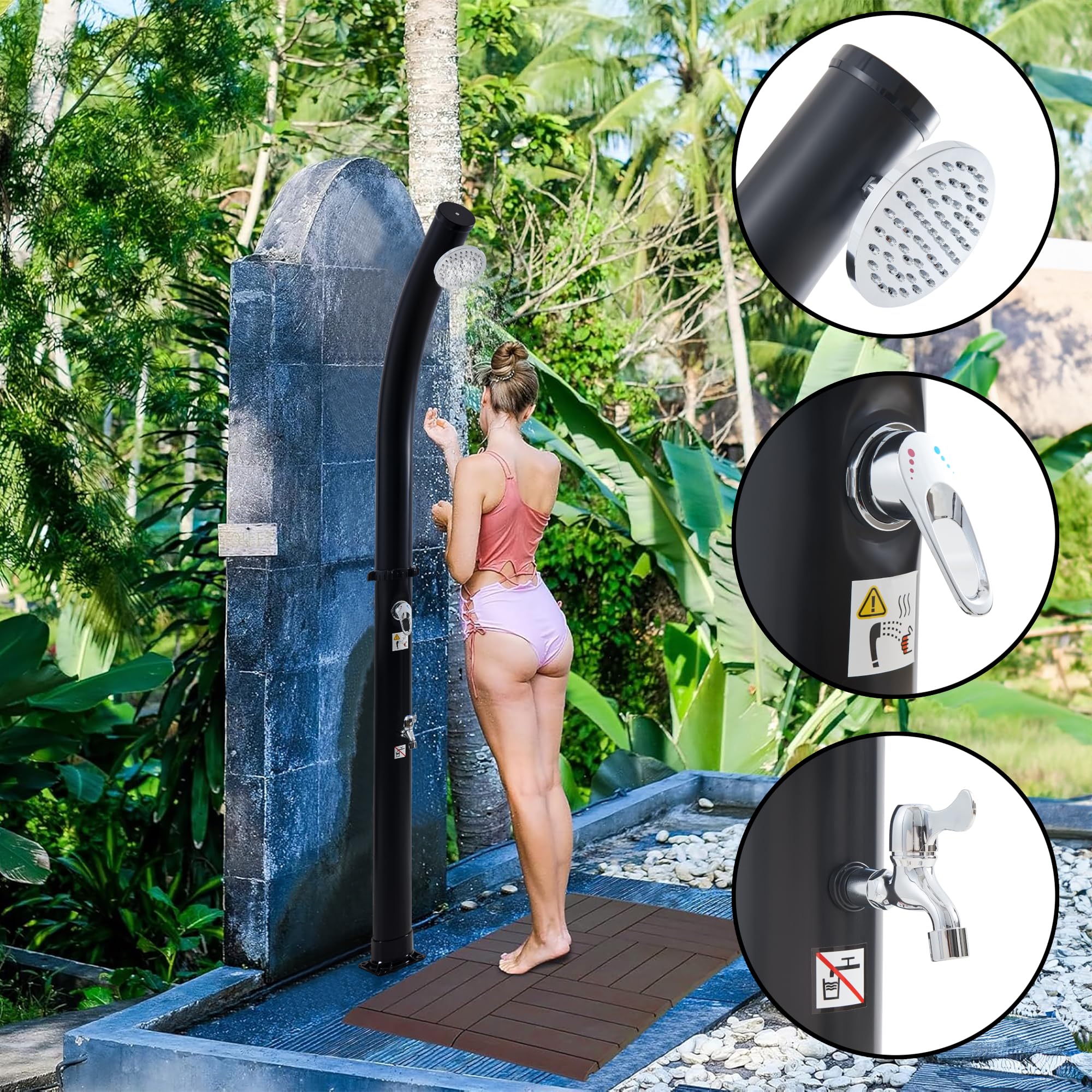 casa.pro Ducha Solar Exterior Kebomi para Piscina Jardín Terraza Temperatura Ajustable máx. 60°C Cabezal Giratorio Grifo para Piés Tanque de 18L Plástico/Metal Altura 216 cm - Negro